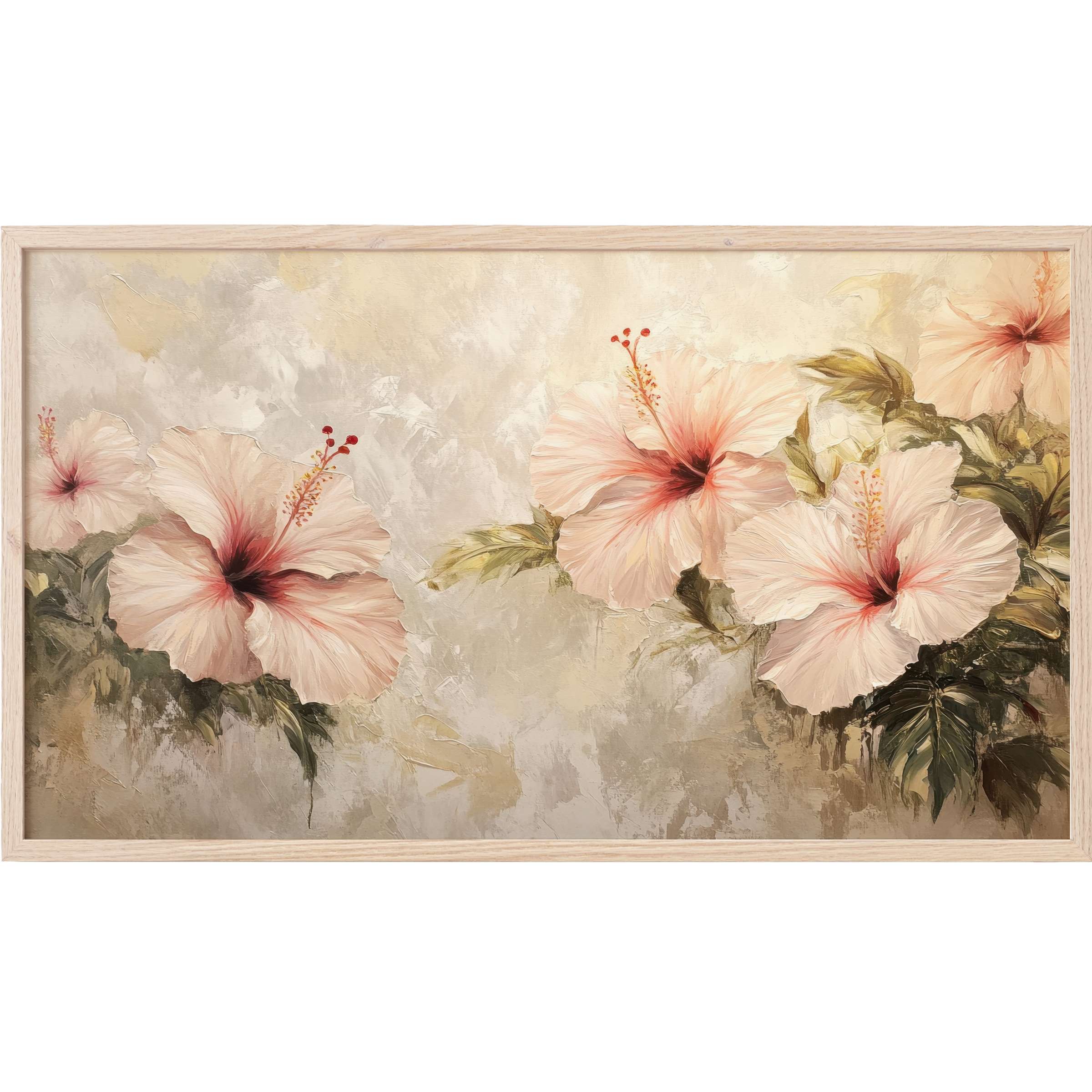 Elegant botanical Frame TV Art featuring soft pink hibiscus flowers and muted green leaves on a textured beige backdrop