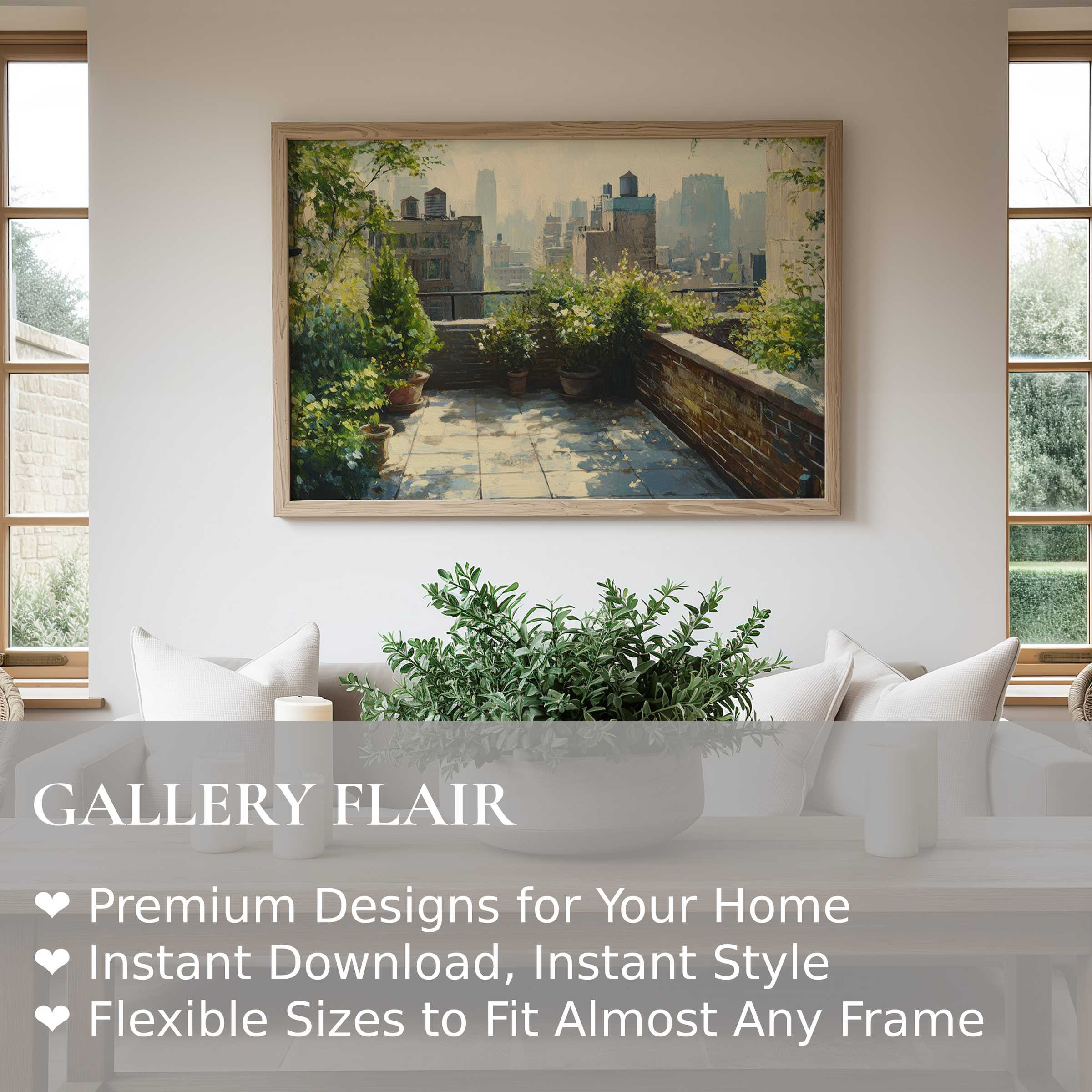 Urban art wall art print capturing a serene rooftop garden with soft sunlight, enriching minimalist modern interiors with calm elegance