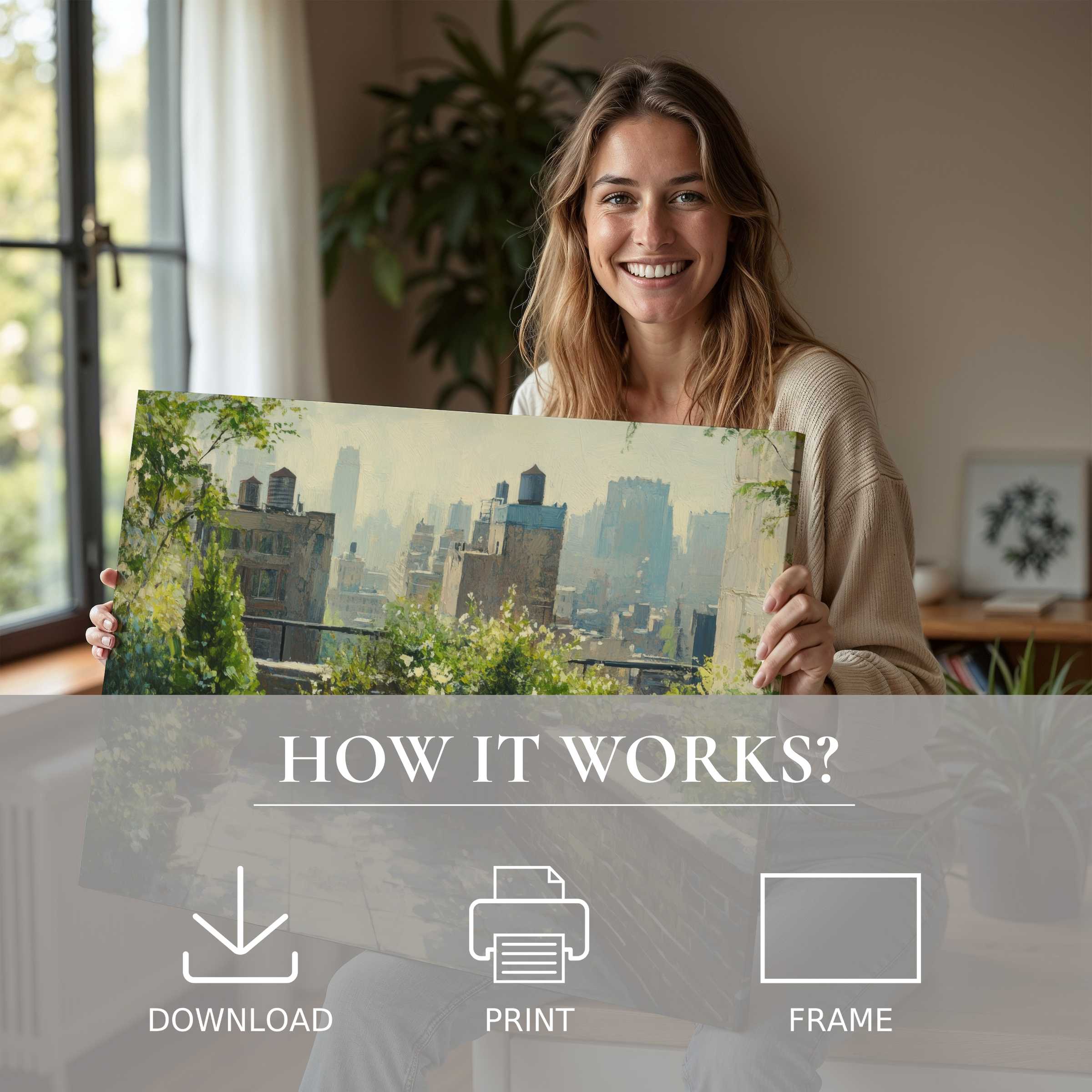A serene moment of joy as a woman embraces an urban digital art print, bringing timeless cityscapes and nature’s calm into her modern sanctuary