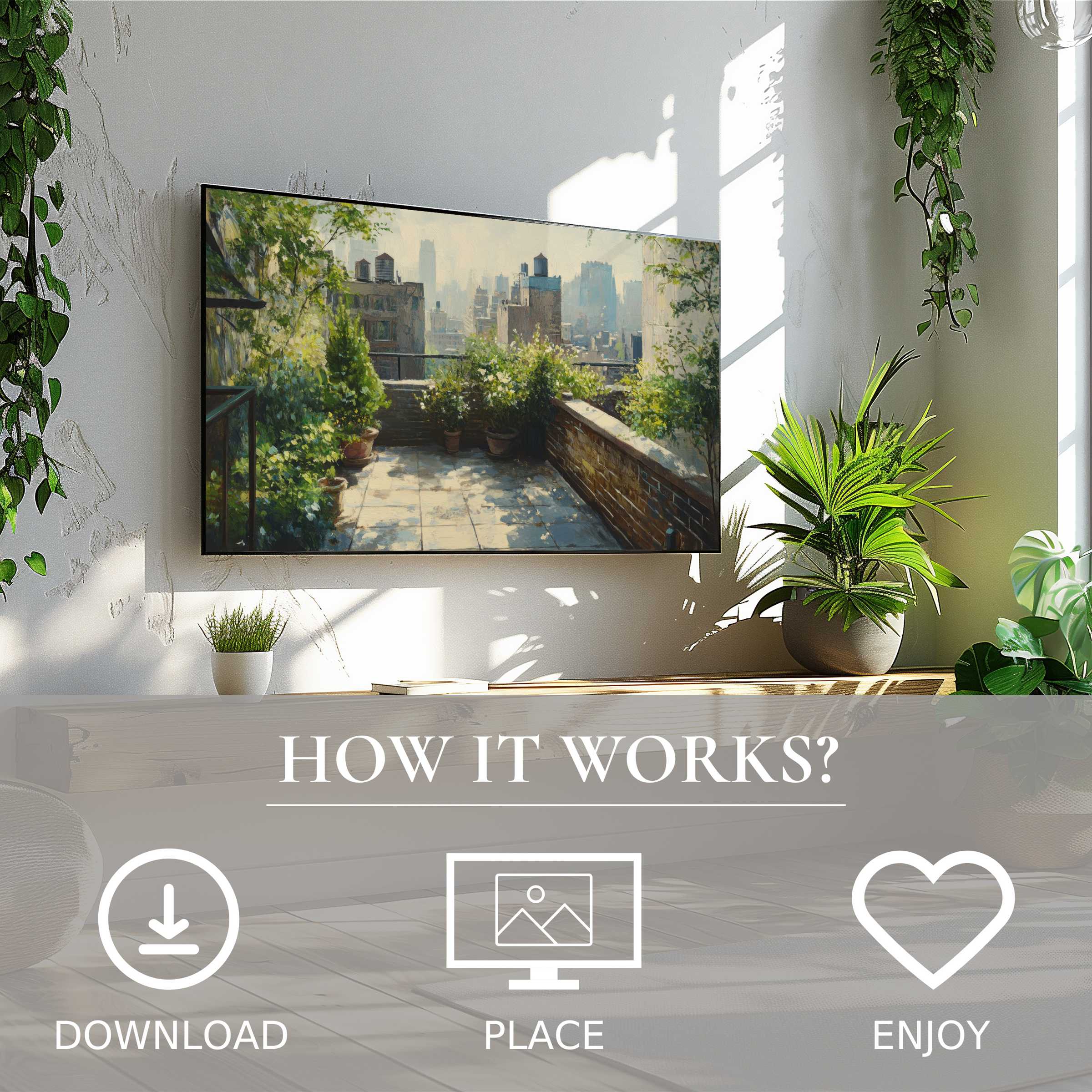 Urban art for Samsung TV shows a soft cityscape patio; easy digital download enriches modern living spaces