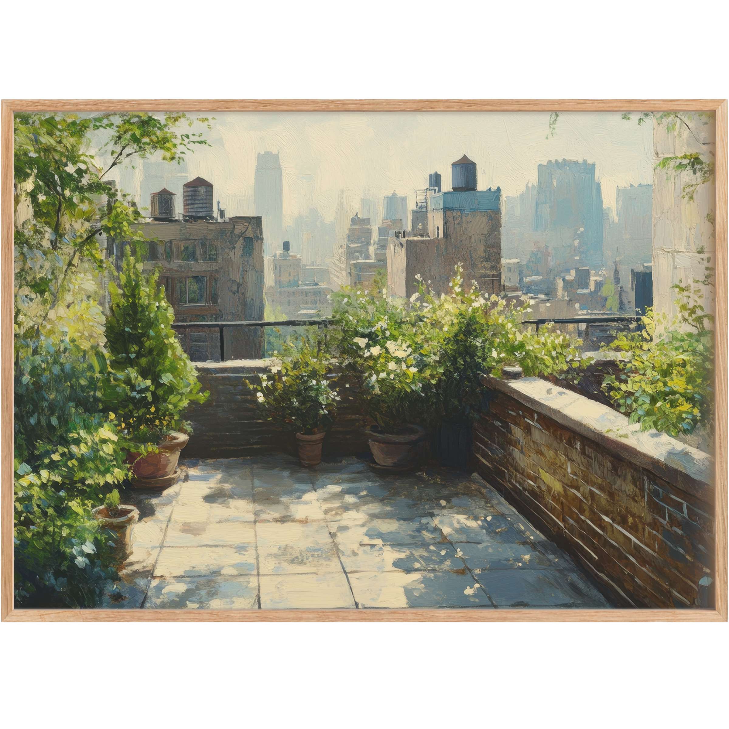 Lush greenery bathed in soft sunlight creates a serene, inviting escape in this urban printable wall art, perfect for elevating contemporary spaces