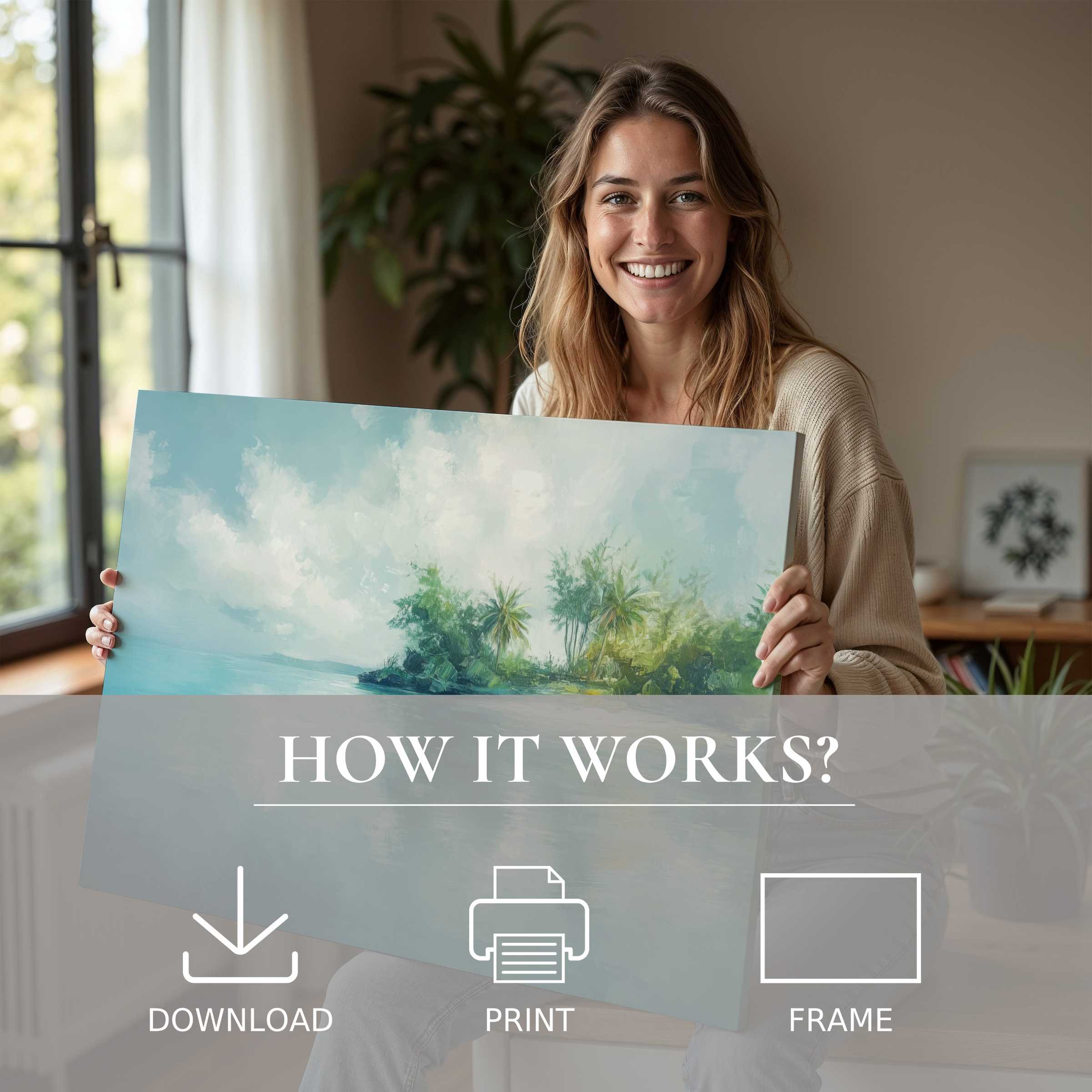 Bright coastal digital art print embraced in a modern home, inspiring serene joy through effortless, elegant living with art