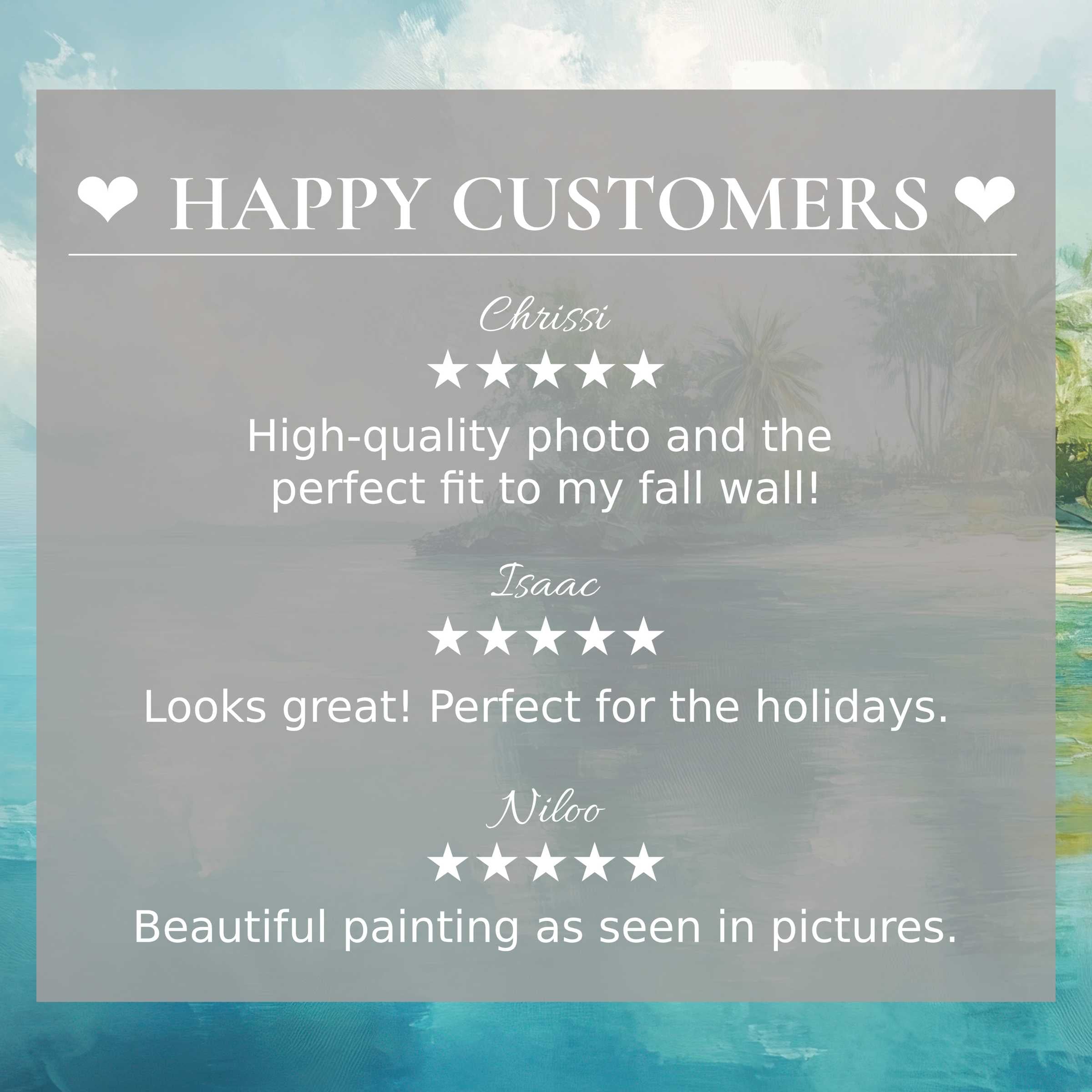Happy customer reviews highlight trust and elegance of coastal art for Frame TV with subtle tropical background