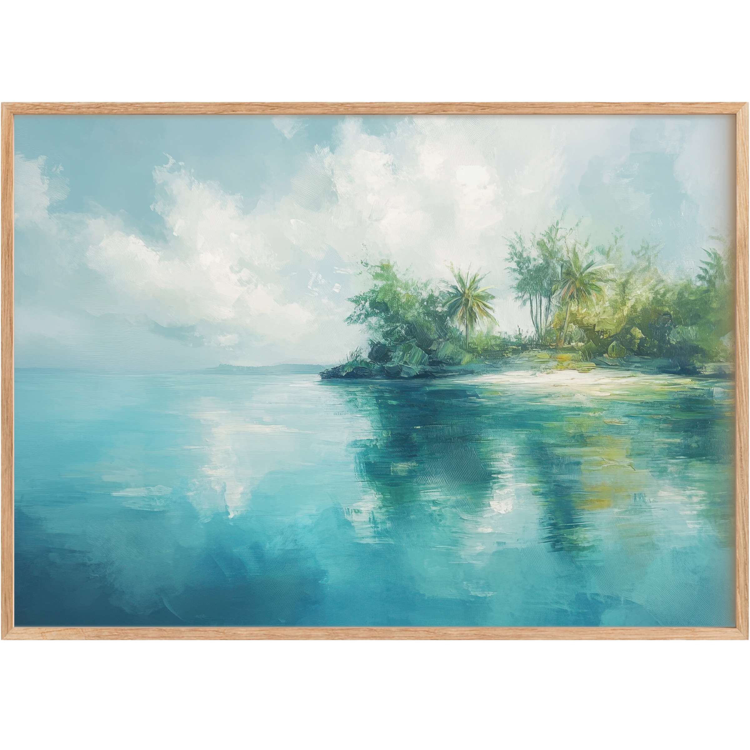 Coastal printable wall art capturing a serene turquoise bay with lush greenery, evoking a calming, dreamy coastal escape