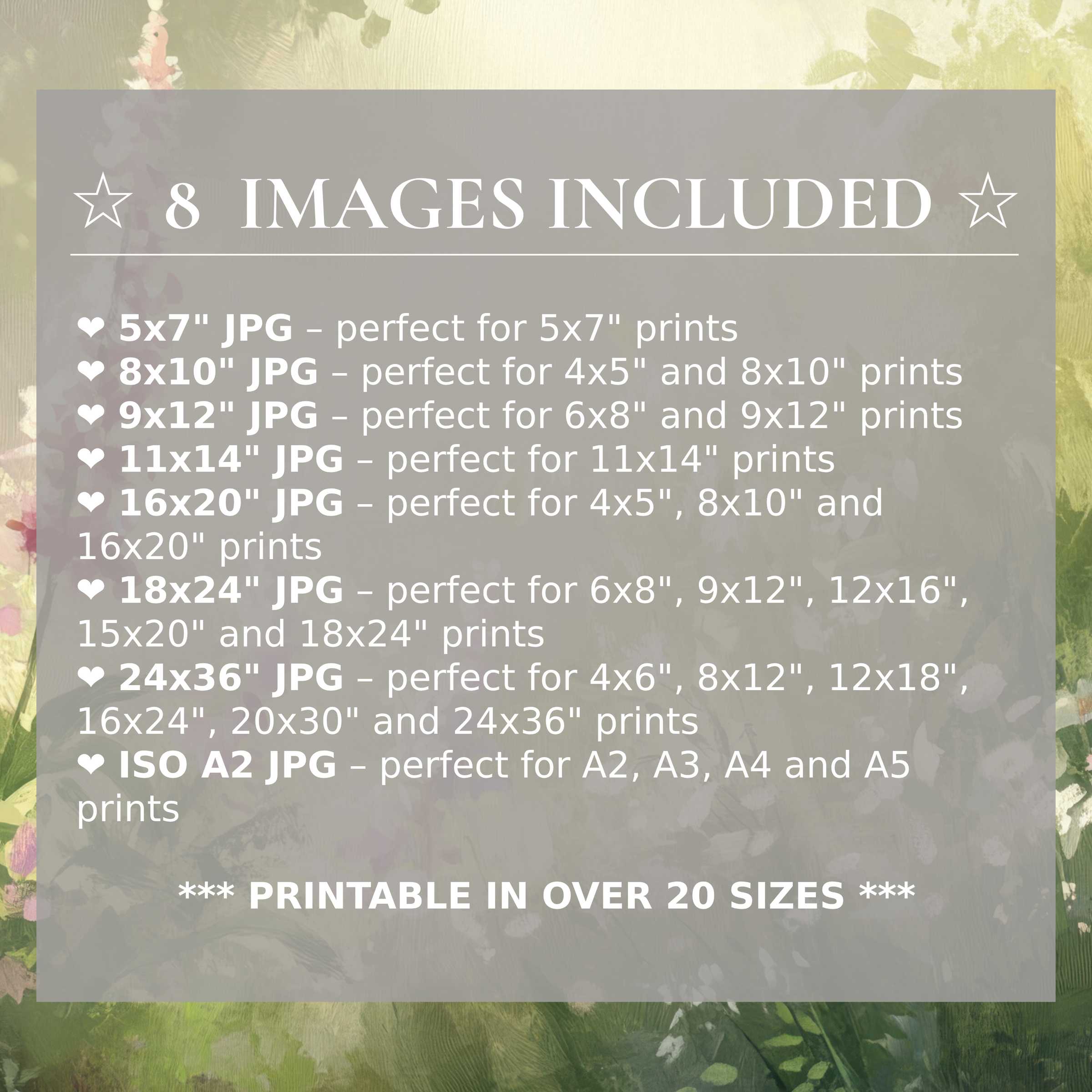 Radiant summer digital print in soft pastels and lush greens, elevating modern interiors with 8 included premium sizes