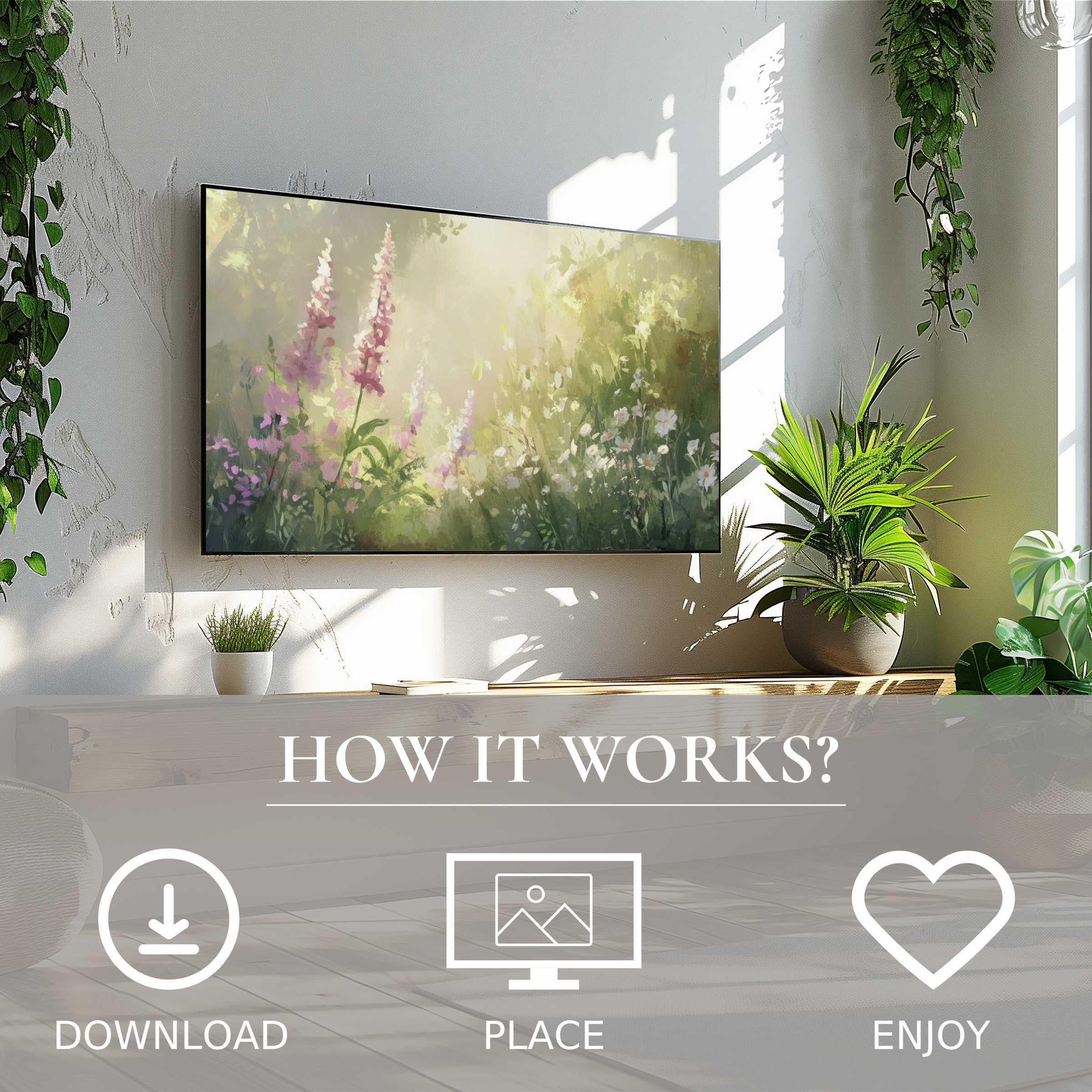 Summer art for Samsung TV shows soft sunset tones with floral motif; easy digital download enriches modern living spaces