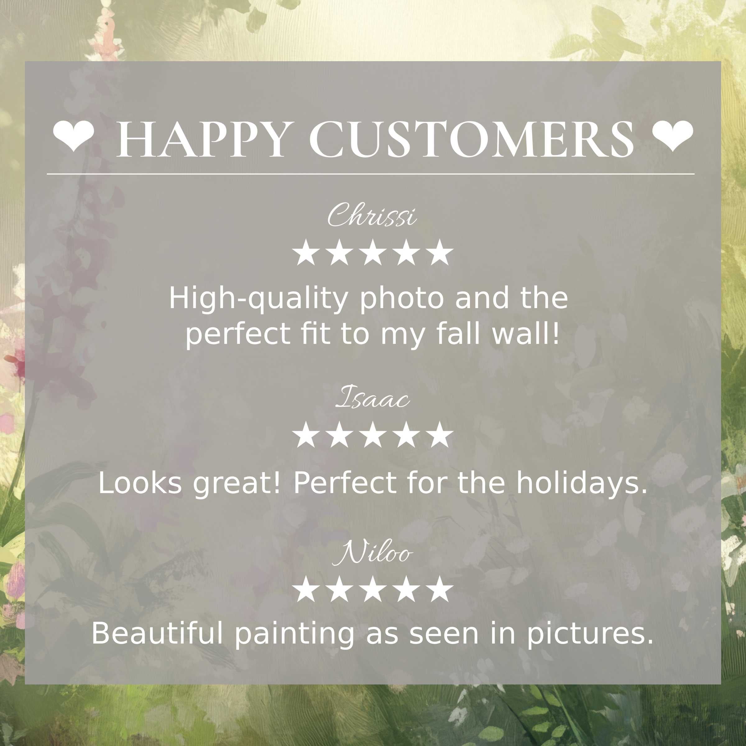 Elegant summer art for Frame TV with abstract floral hues, showcasing happy customer praise and refined product trust