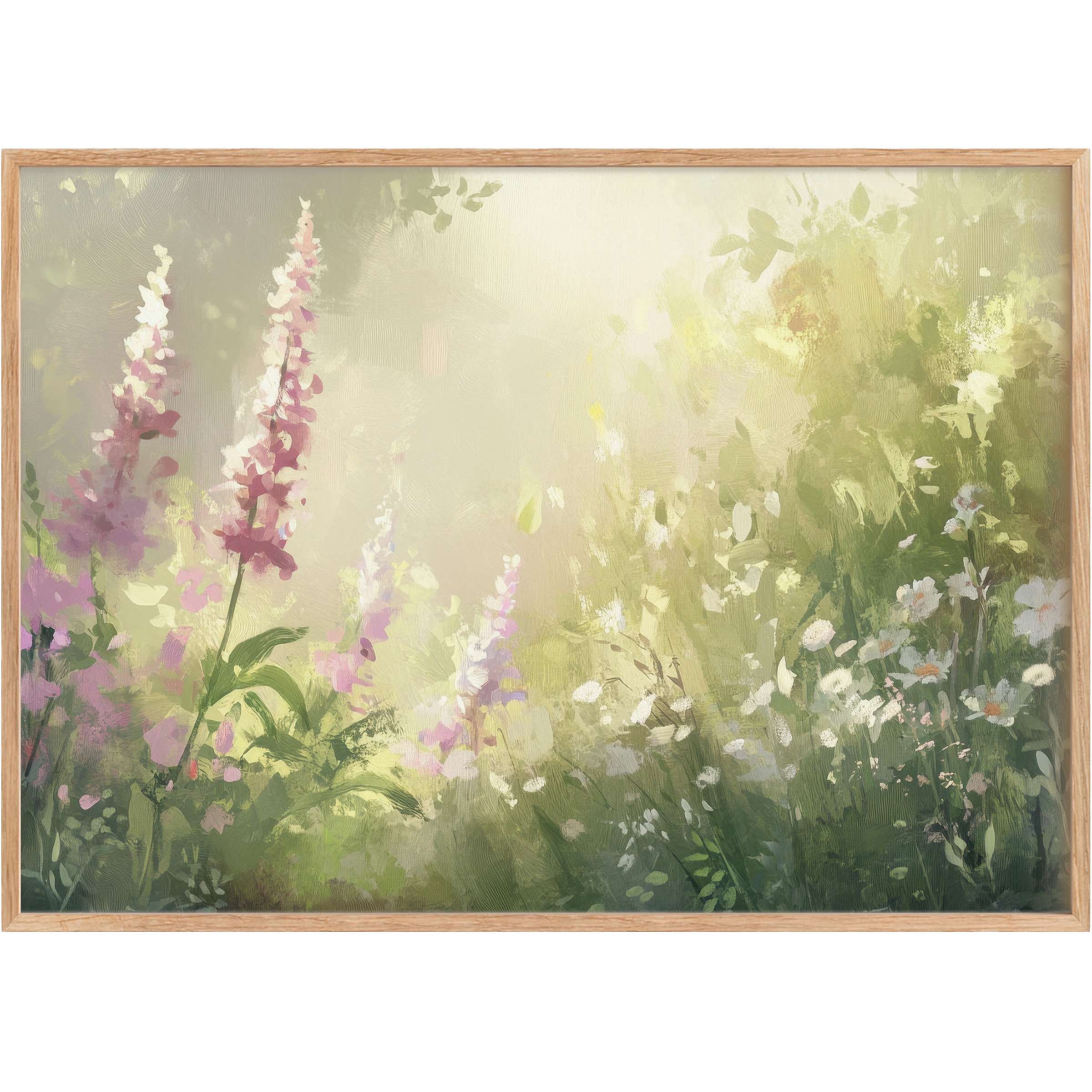 Ethereal summer printable wall art with soft lavender and white blooms, casting a serene, sun-dappled glow for elegant interiors
