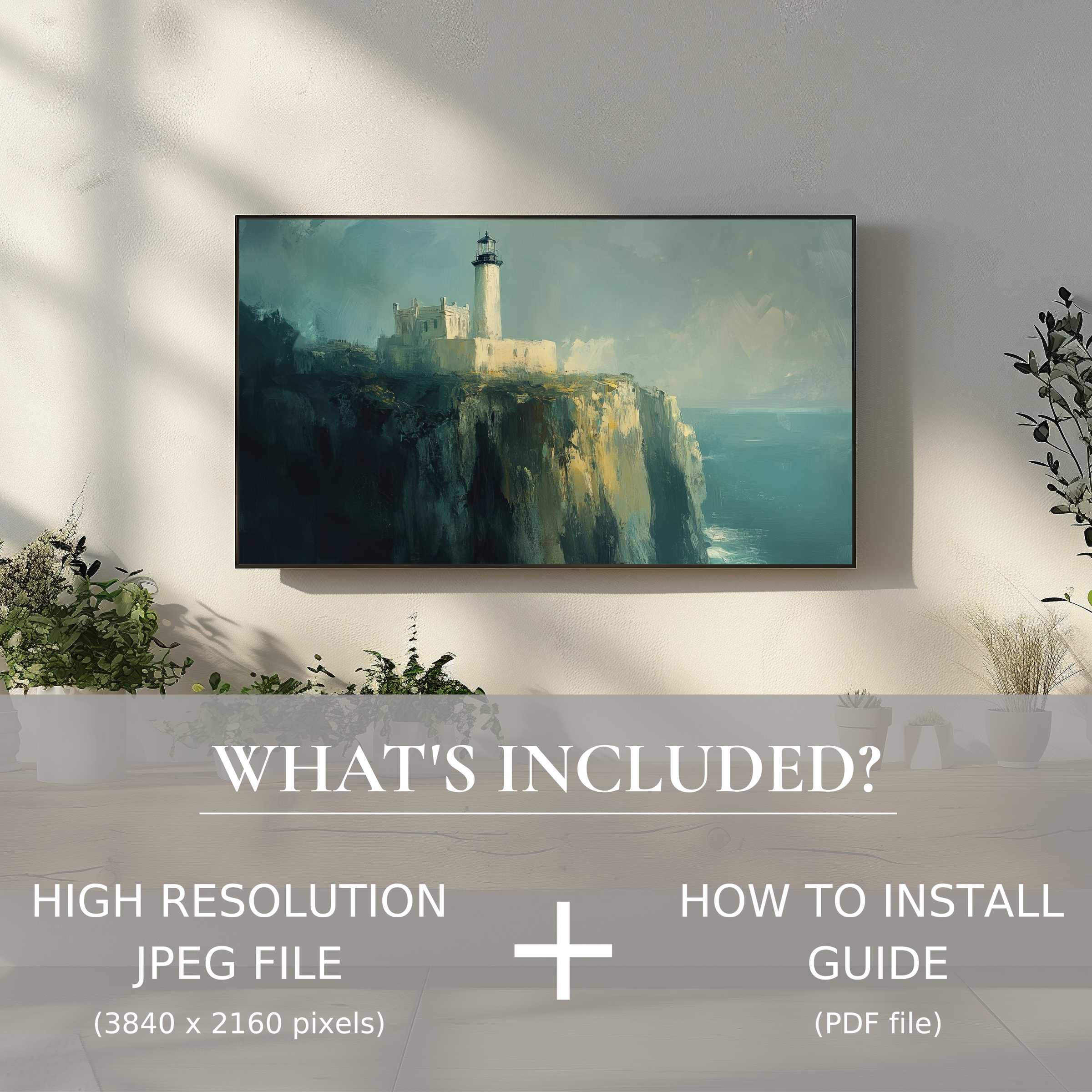 Elegant vintage digital TV art download enhances modern living spaces with easy digital use and serene lighthouse views