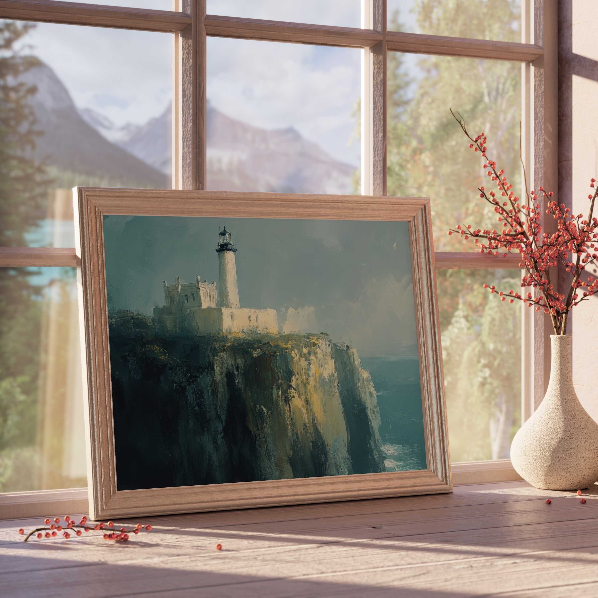 Vintage downloadable art depicting a serene lighthouse atop rugged cliffs, enriching tranquil, design-forward interiors with coastal charm