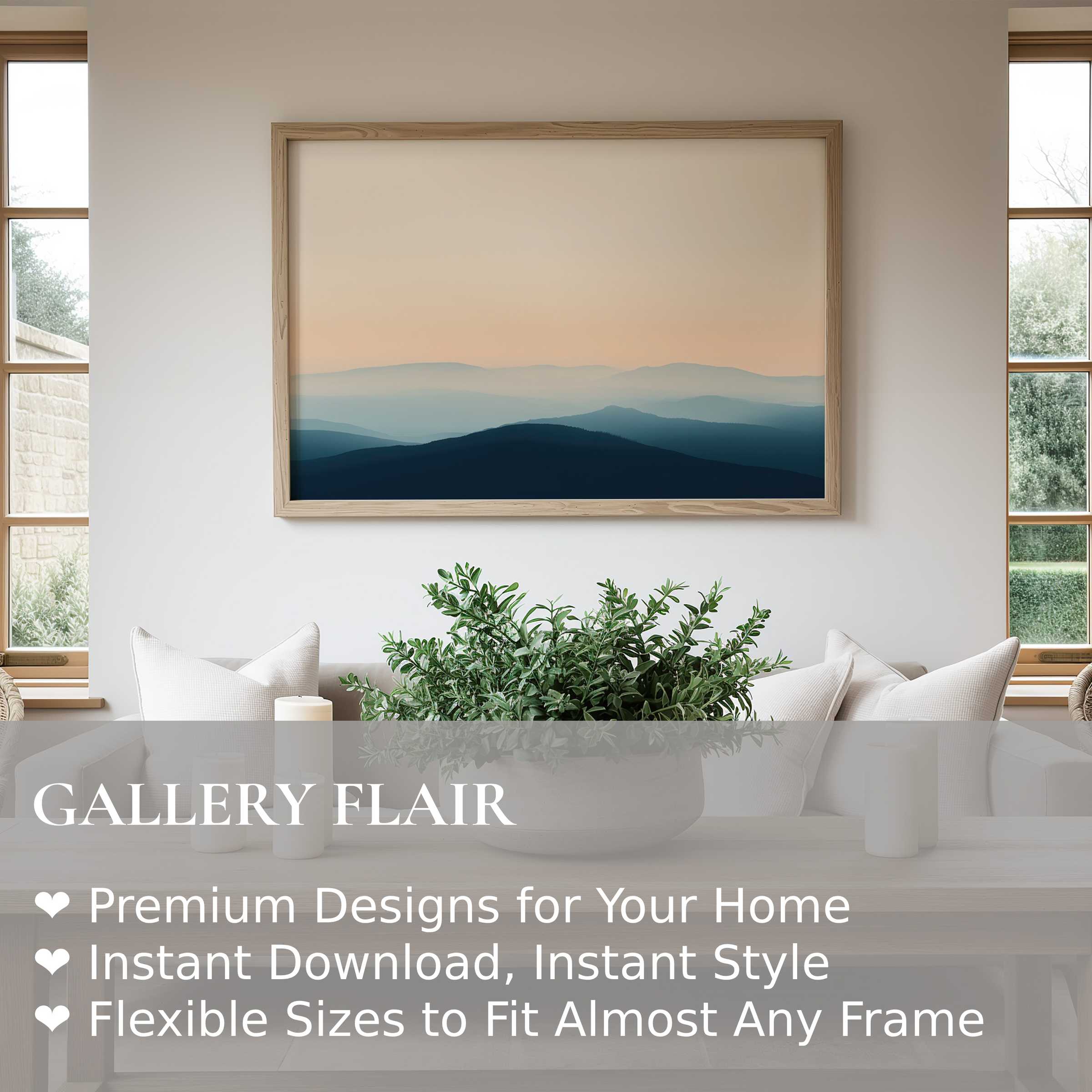 Serene modern wall art print featuring layered blue hills at dawn, enhancing minimalist decor with calming, tranquil ambiance