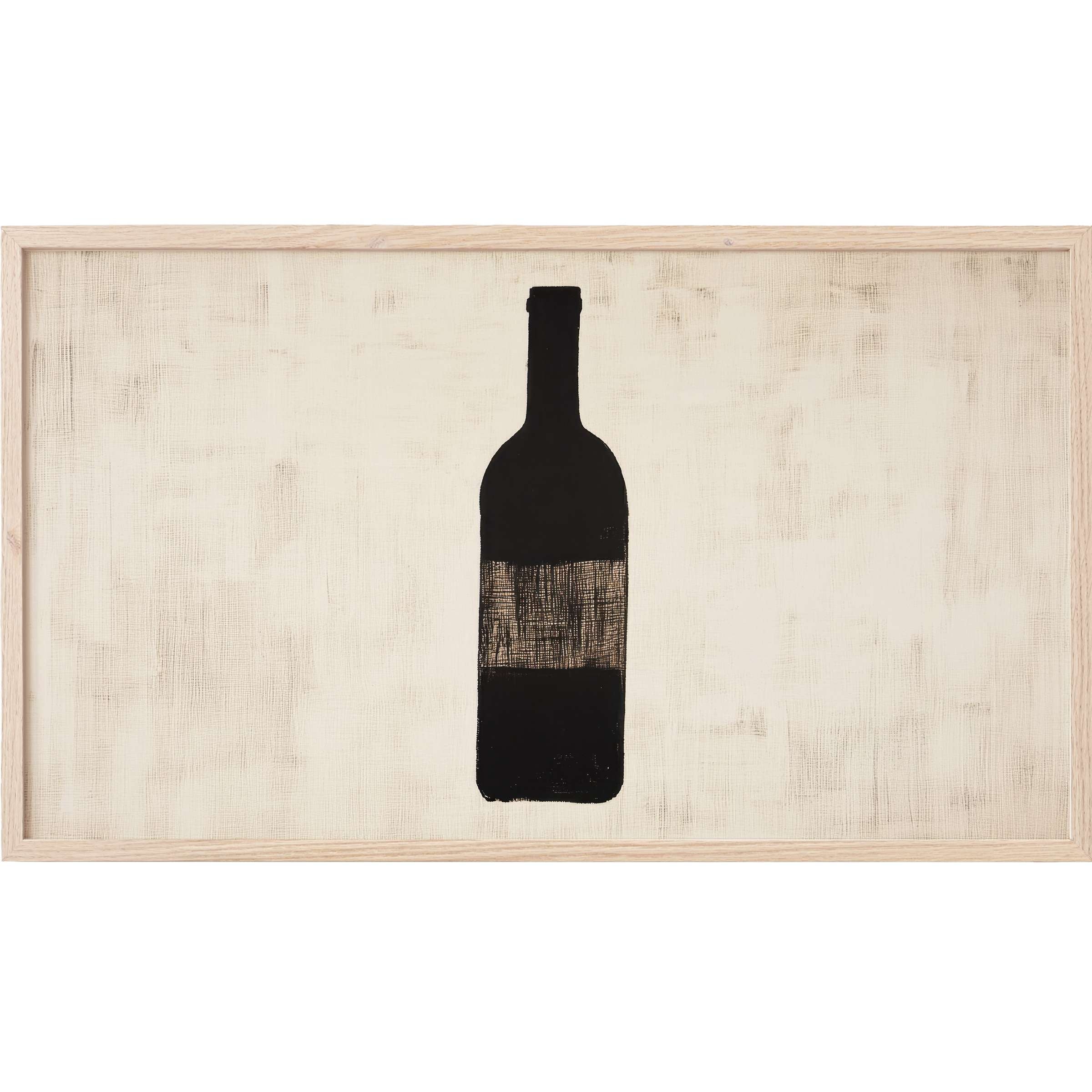 Minimalist Frame TV Art featuring a black wine bottle silhouette on textured beige canvas in natural wood frame