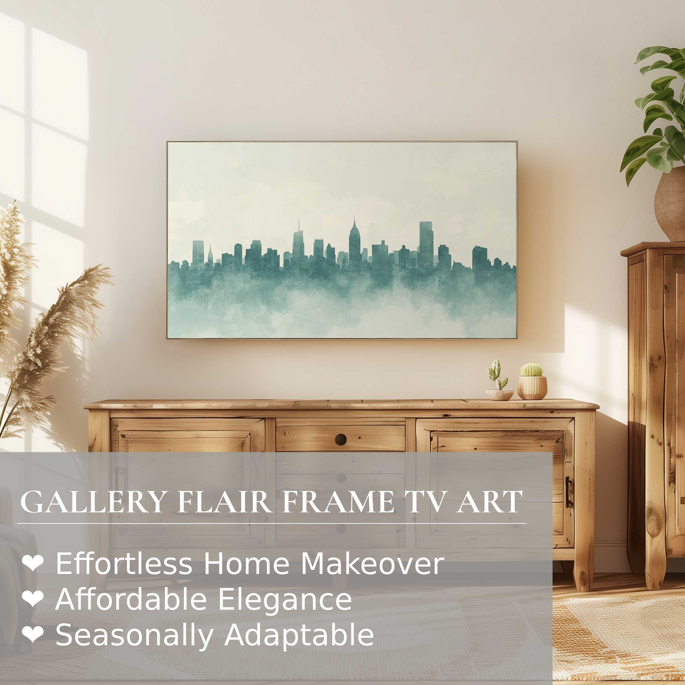 Modern living room featuring Samsung Frame TV with neutral digital artwork of a misty city skyline