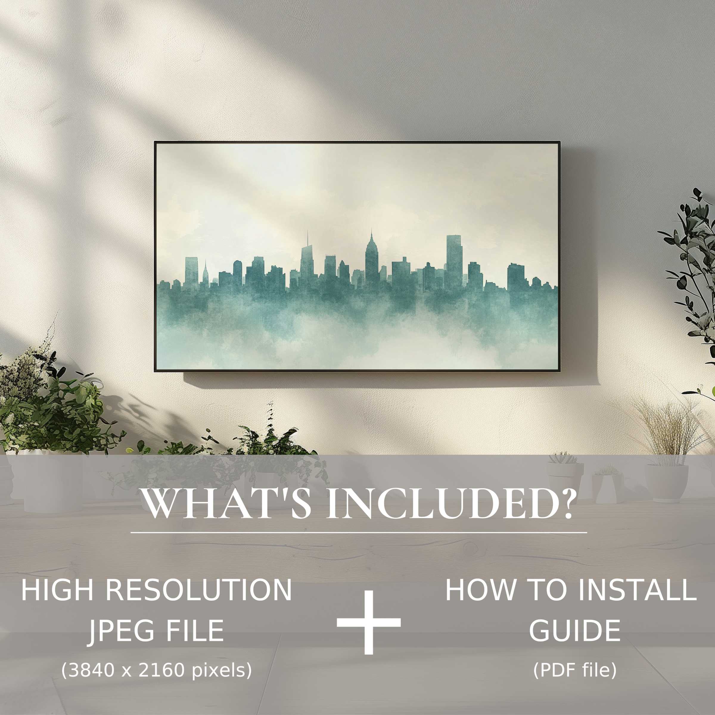 Neutral digital TV art download showcasing a serene cityscape, enhancing any space with modern elegance and easy digital use
