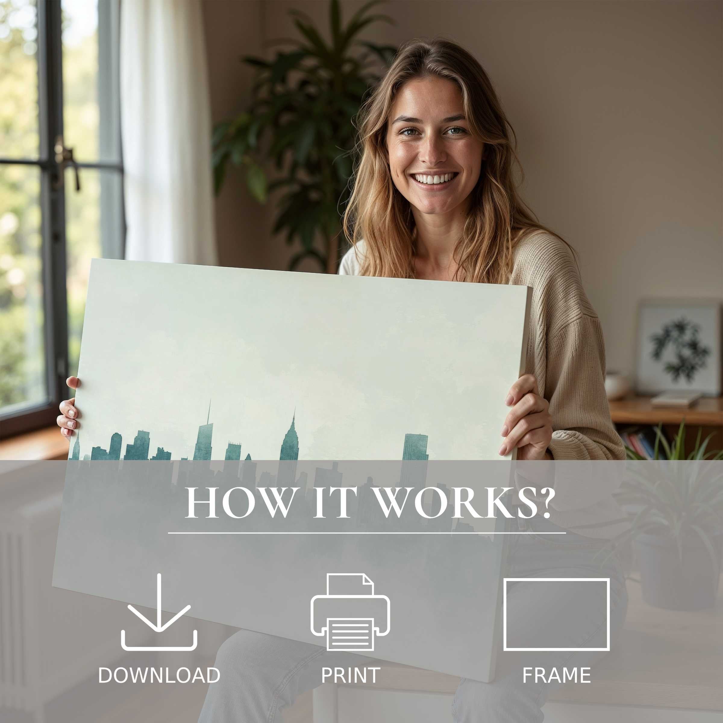 A serene moment of joy embracing a neutral digital art print, embodying effortless elegance in modern home decor