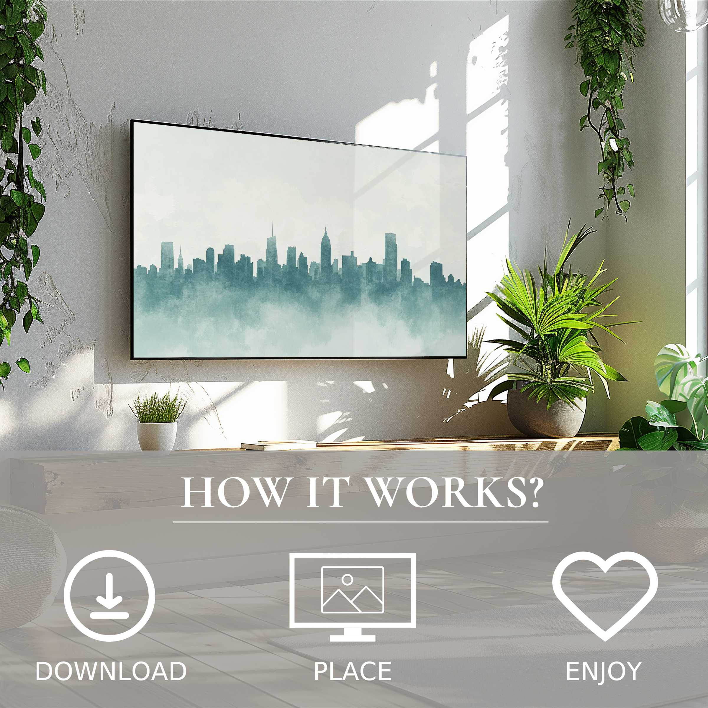 Neutral art for Samsung TV shows a misty city skyline; easy digital download enriches calm, modern living spaces