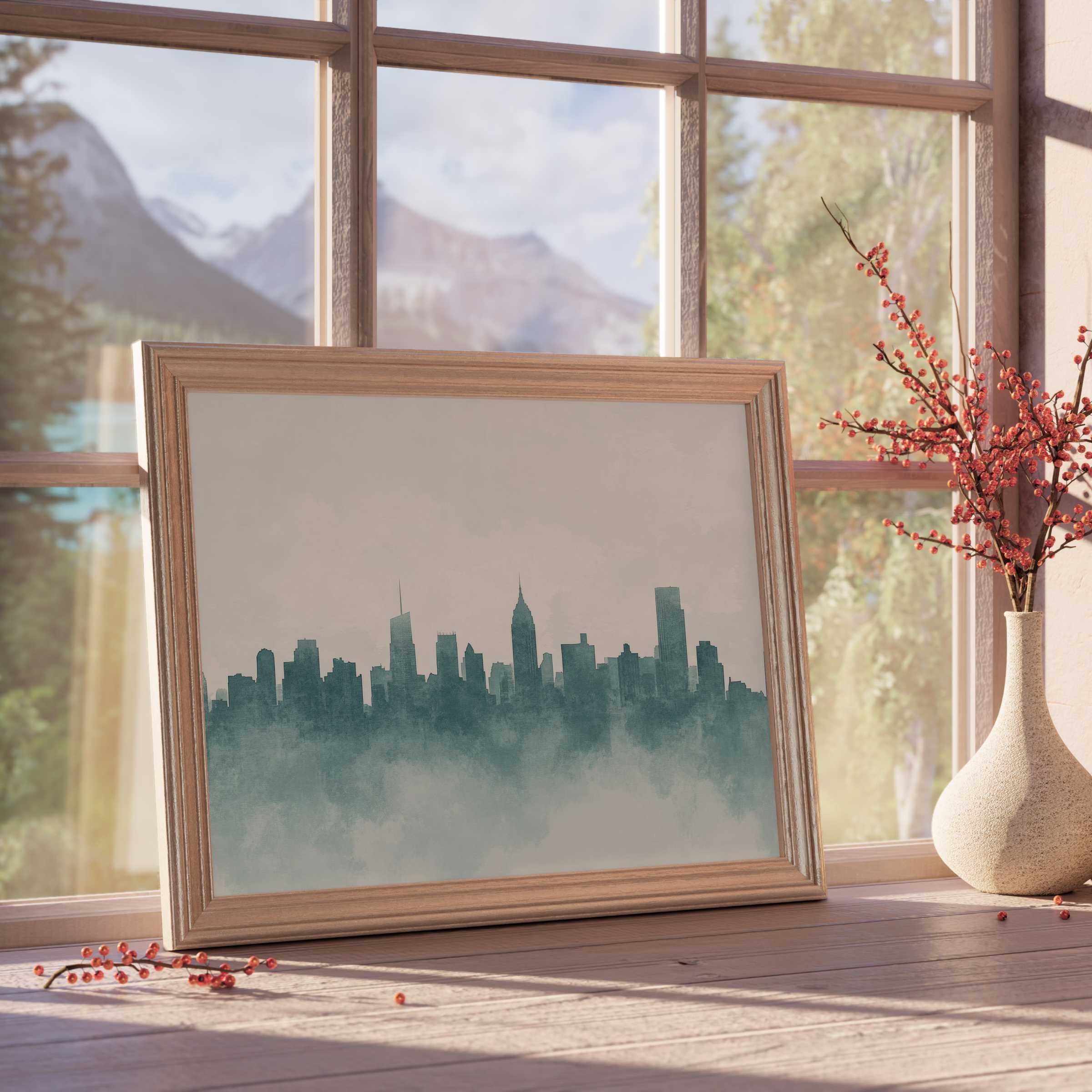 Neutral downloadable art of serene city skyline in misty teal hues, framed in warm wood, elevating tranquil, curated interiors with minimalist charm