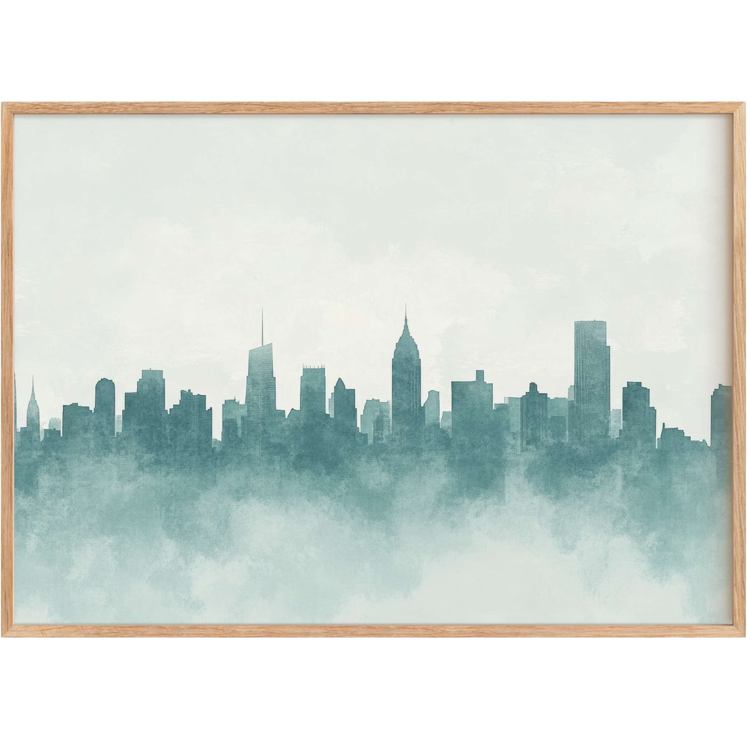 Serene and sophisticated neutral printable wall art featuring a misty blue-gray city skyline, evoking calm and modern elegance