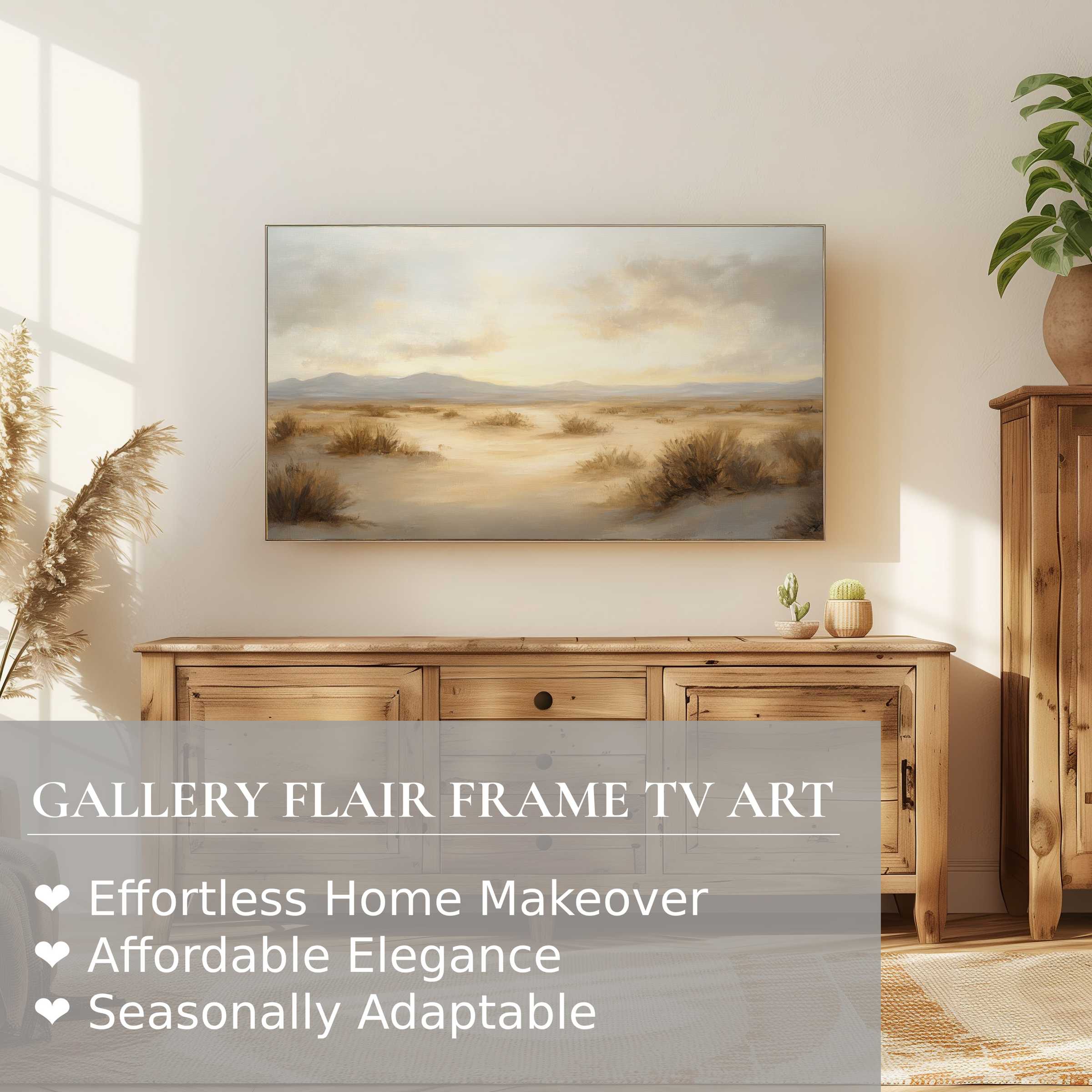 Samsung Frame TV with serene landscape digital artwork, blending warm neutrals and modern rustic home decor