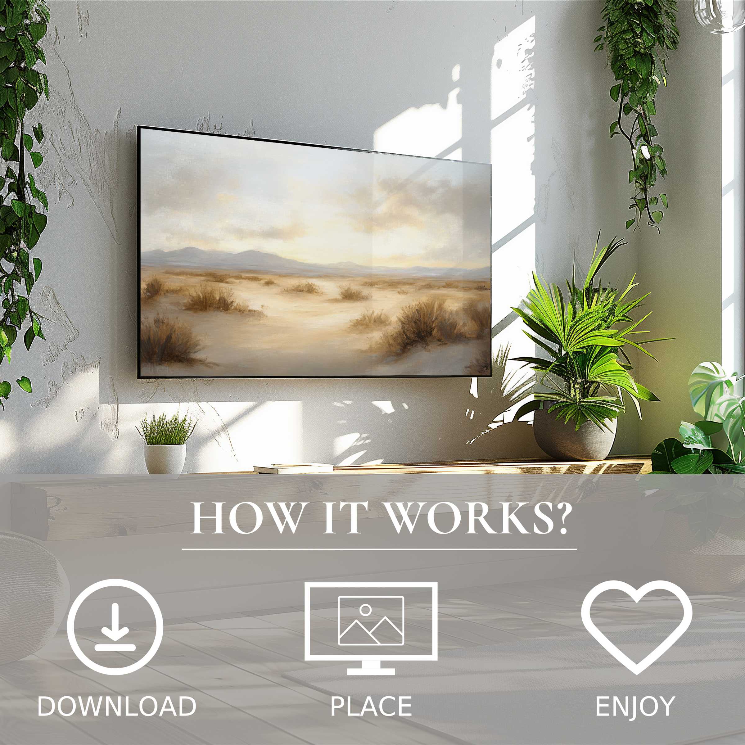 Modern living room with easy digital download landscape art for Samsung TV, showcasing soft desert tones on Frame TV