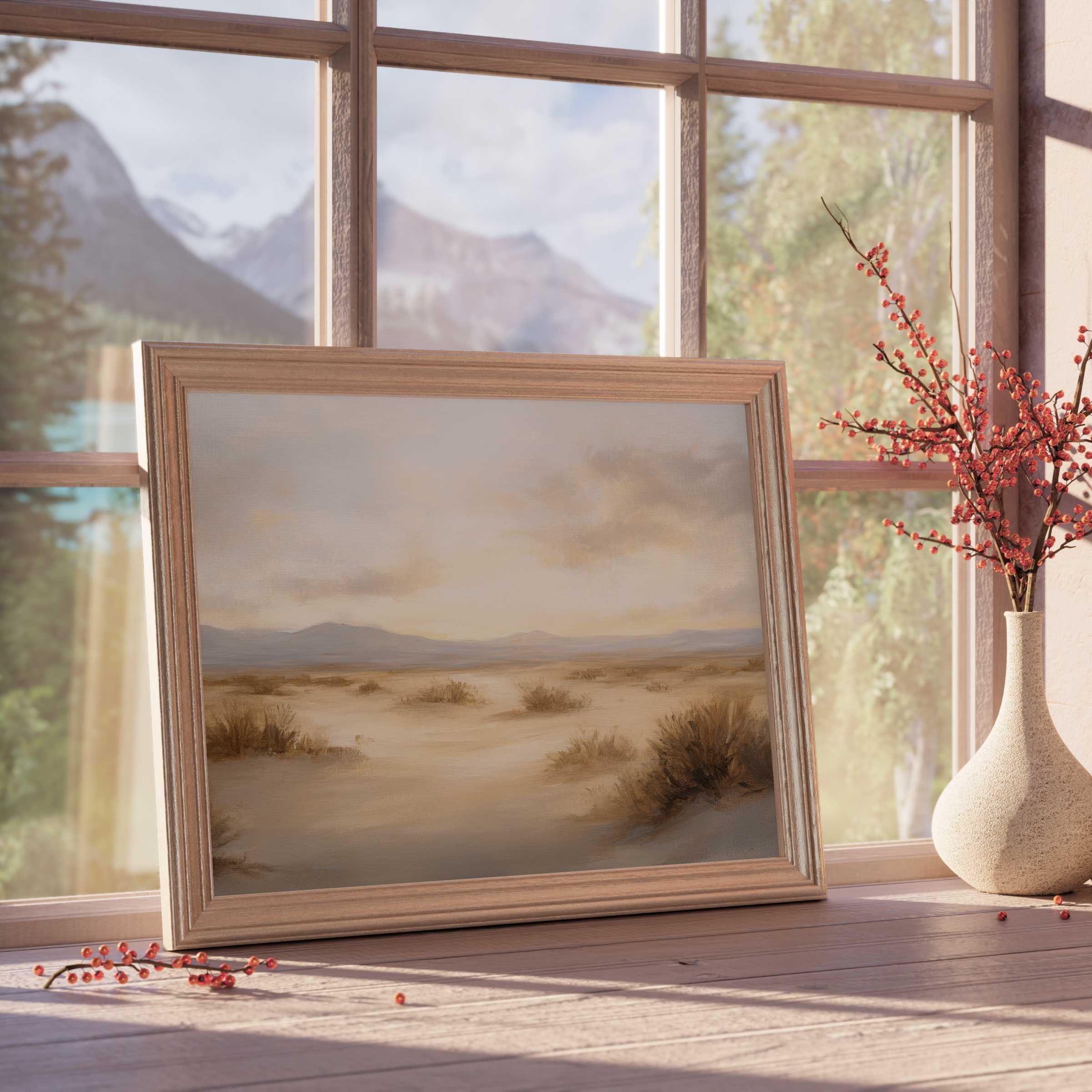 Serene landscape downloadable art with soft earth tones, enhancing tranquil, stylish interiors with warm, natural elegance