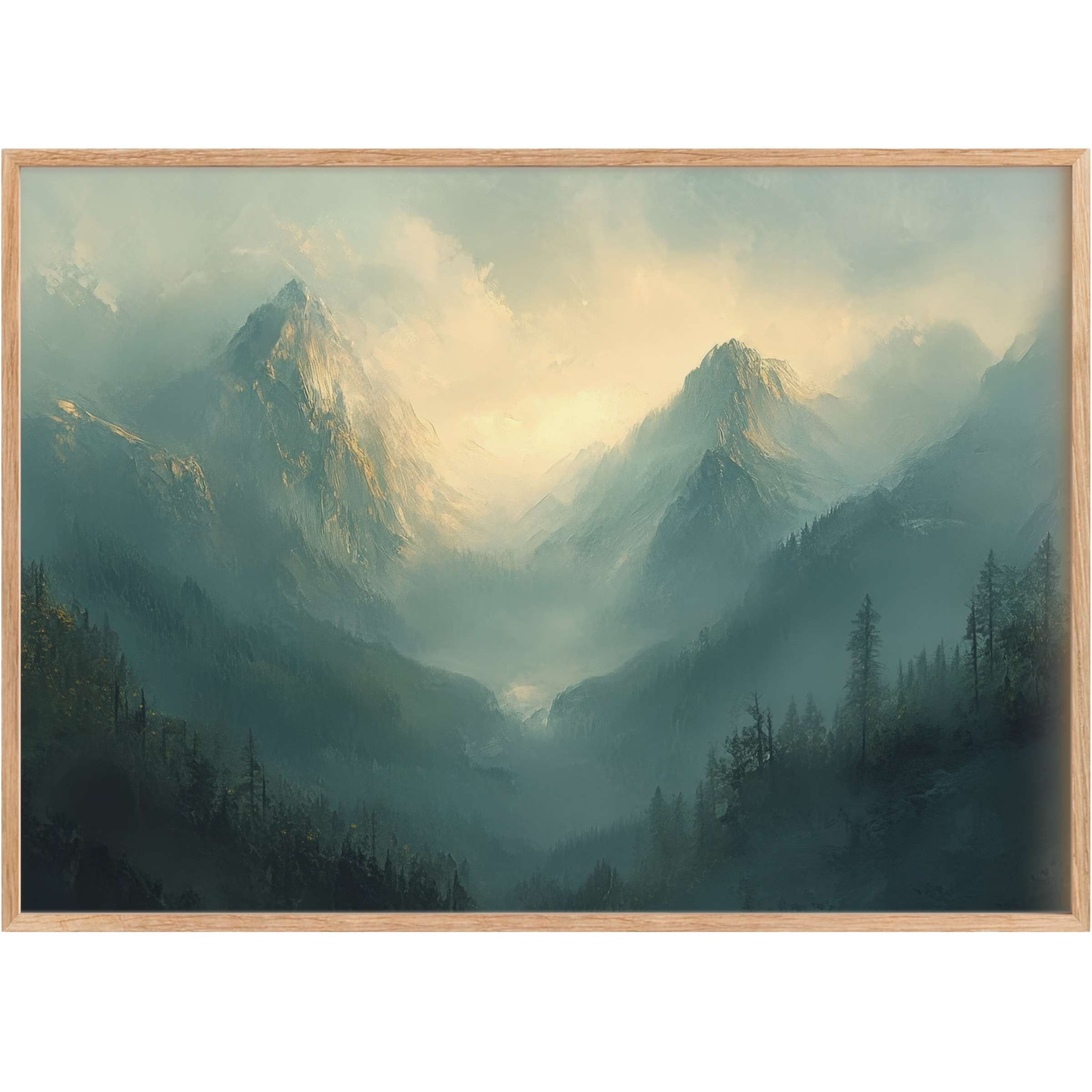 Ethereal spring printable wall art capturing misty mountains bathed in soft gold and teal, evoking serene renewal and timeless elegance