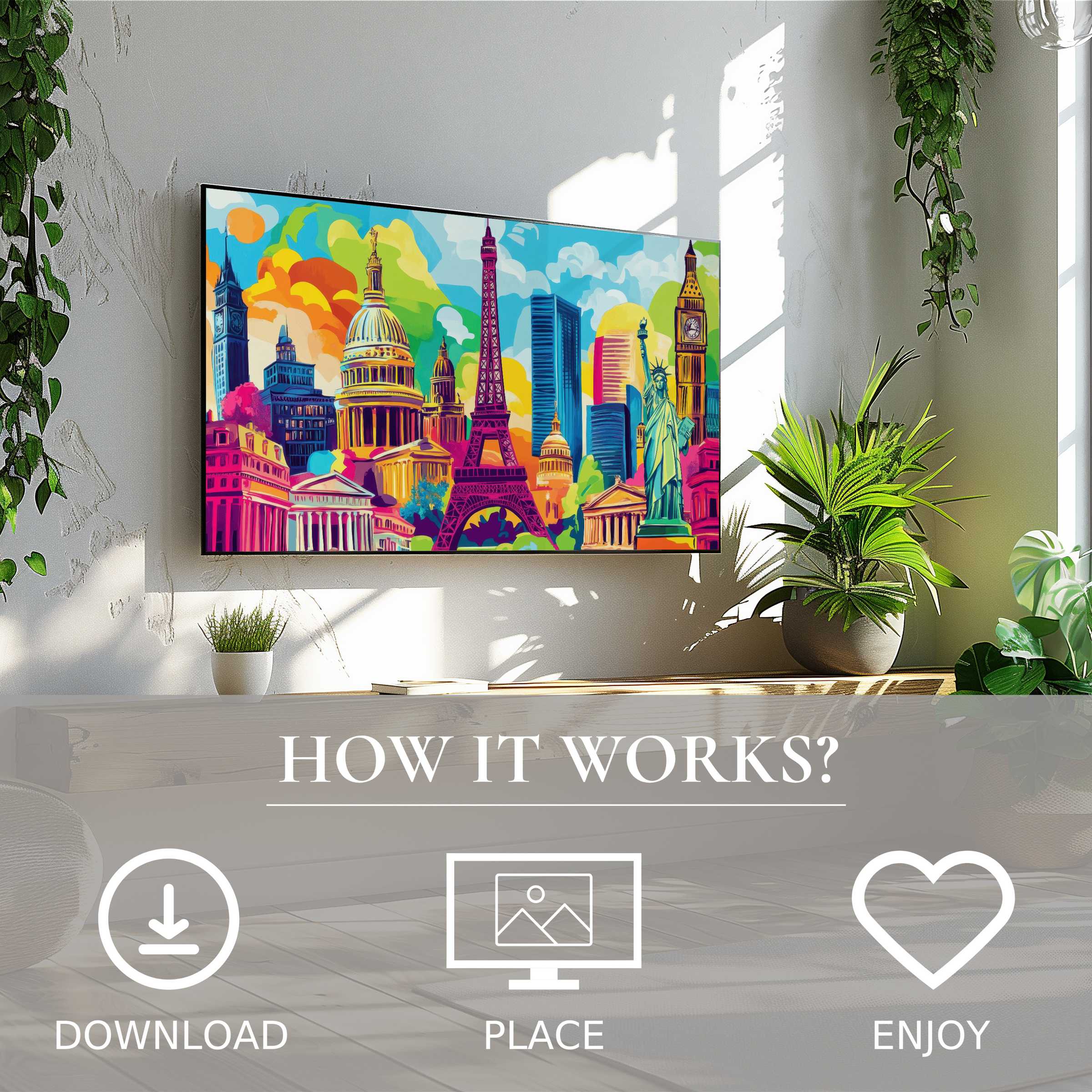 Pop art art for Samsung TV showing colorful cityscapes, easy digital download, enriches modern living spaces