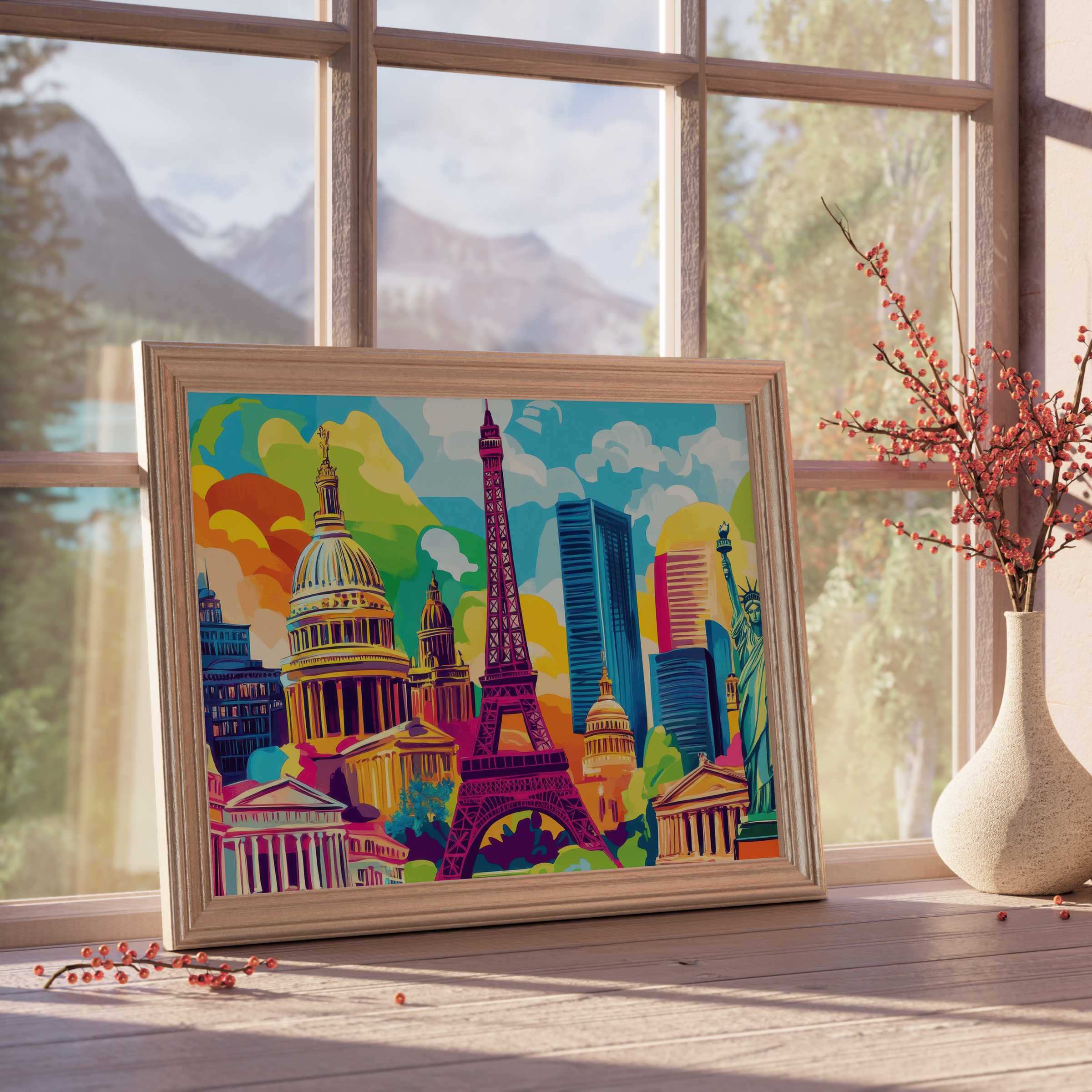 Vibrant pop art downloadable art capturing iconic landmarks in a bold palette, elevating curated, design-forward interiors with dynamic elegance