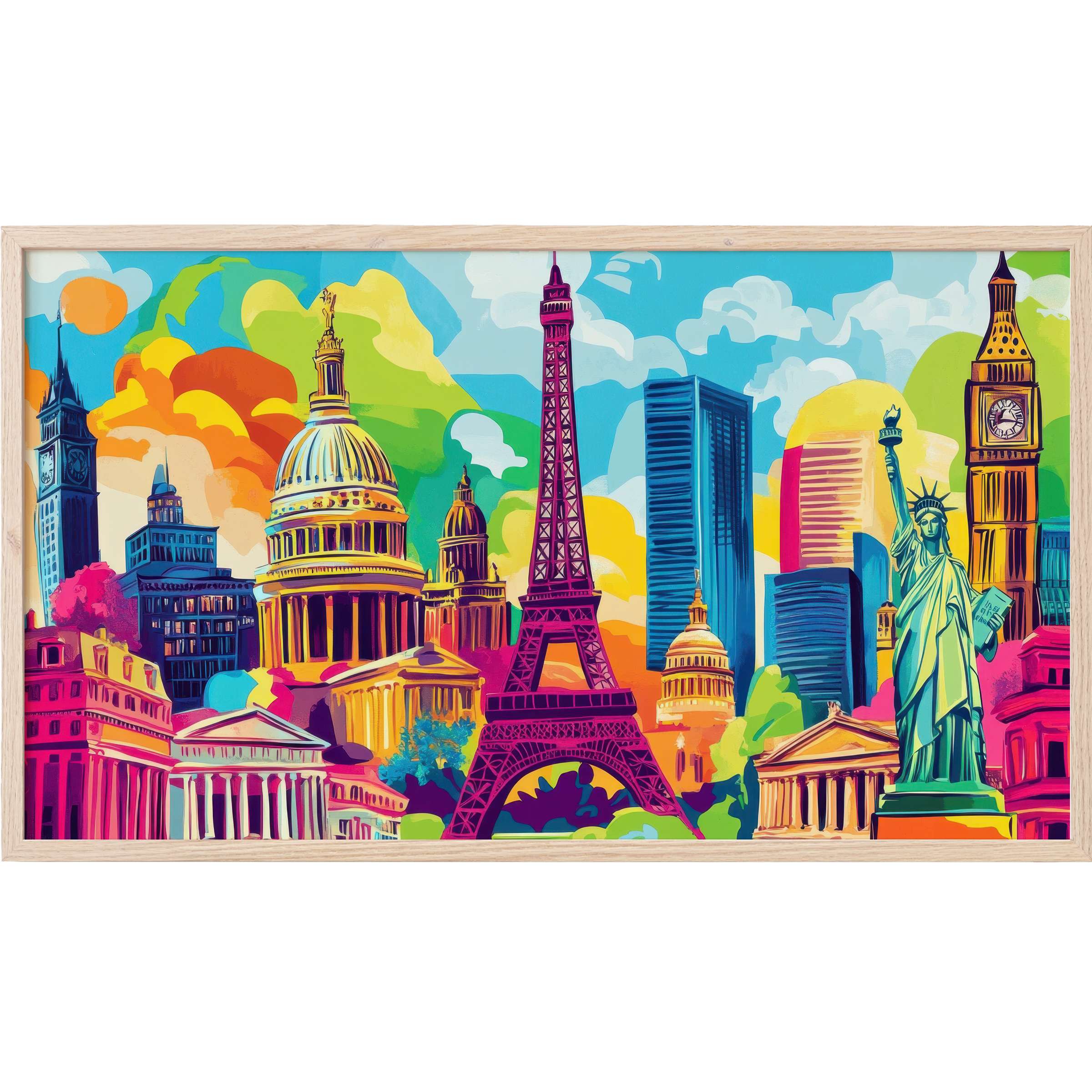 Vibrant cityscape featuring global landmarks in bold hues and dynamic lines, a striking pop art Frame TV Art piece