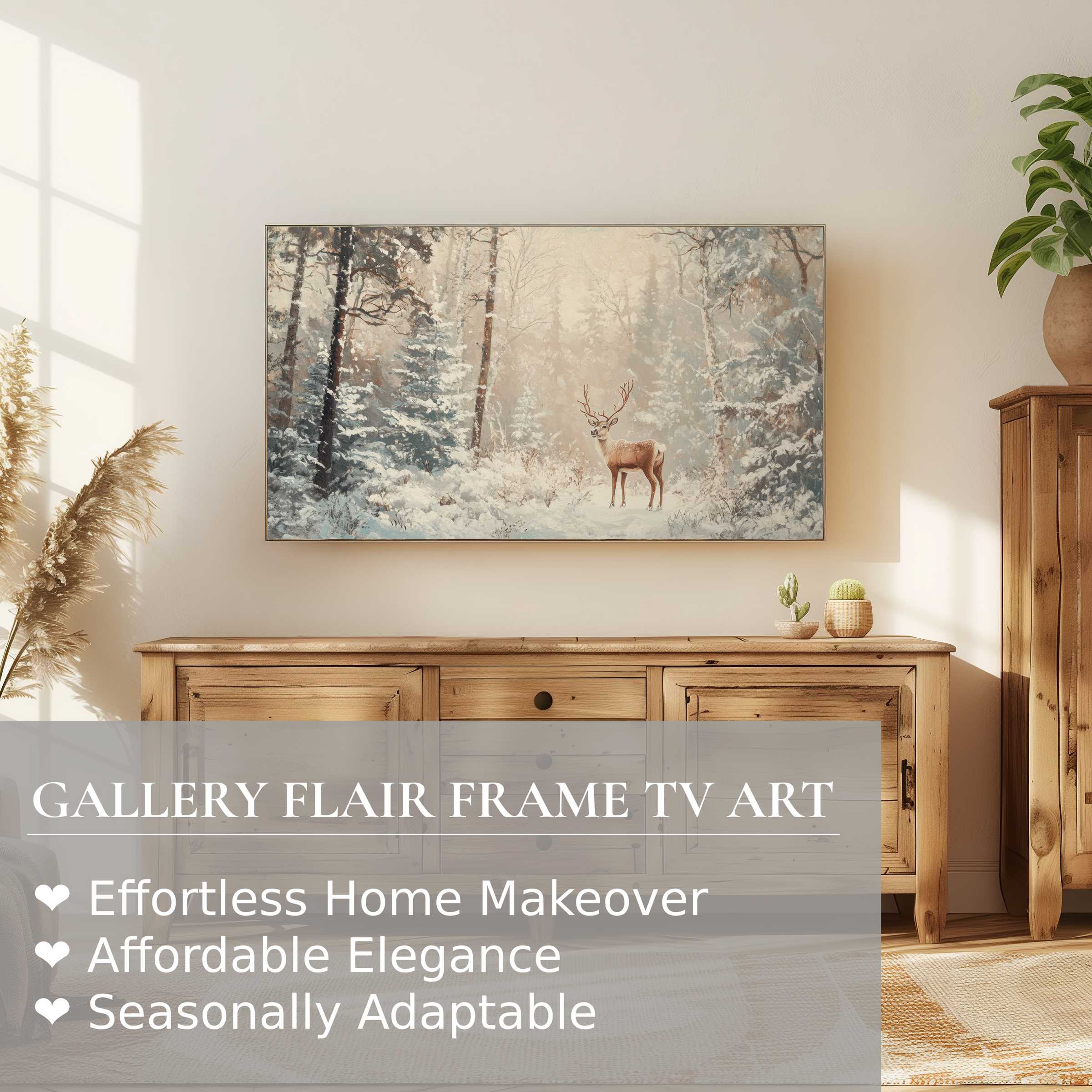 Samsung Frame TV displays serene christmas digital artwork, blending modern style with cozy, natural home decor