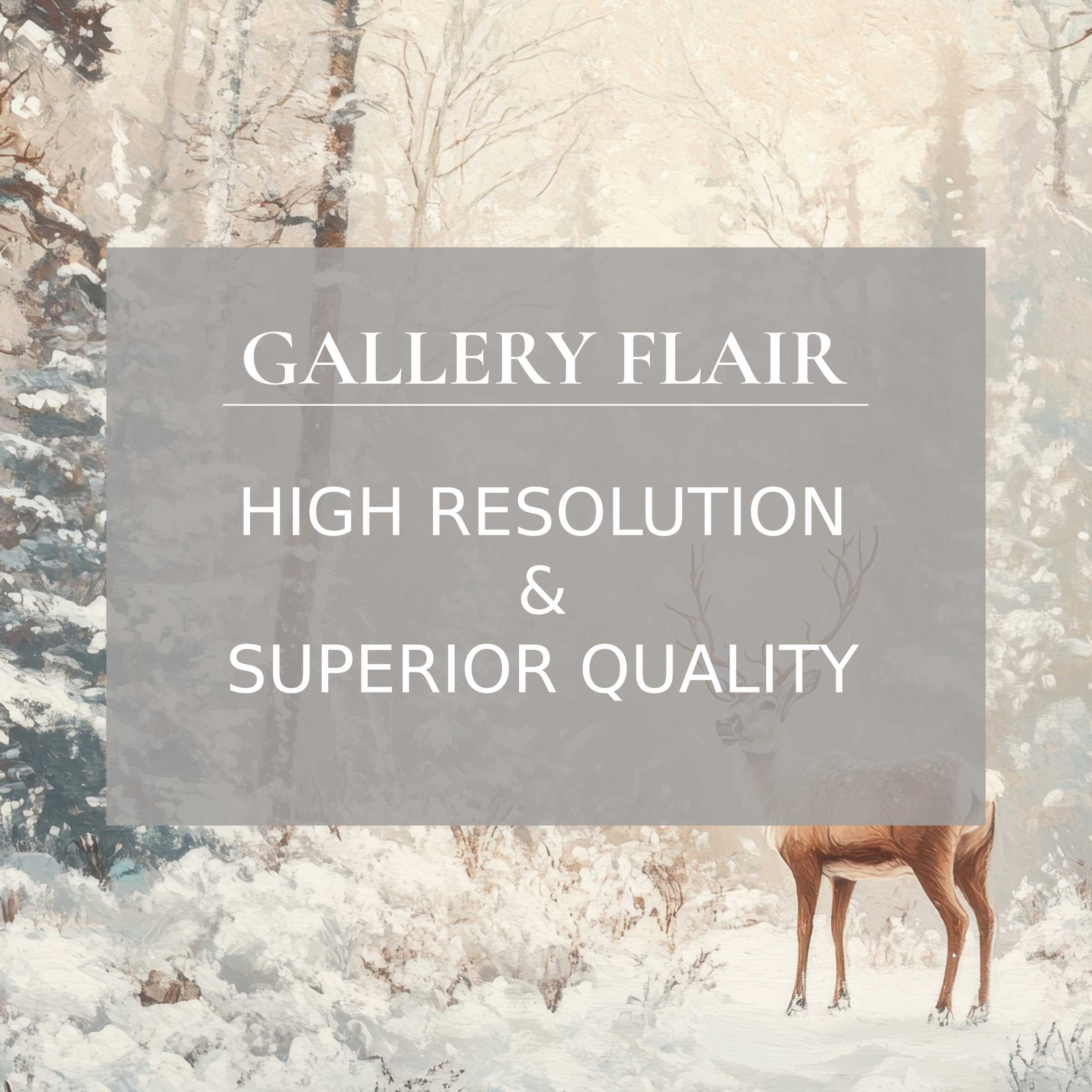 Elegant Christmas printable art features a serene snowy forest with a majestic deer, enriching modern interiors with calming, high-resolution detail