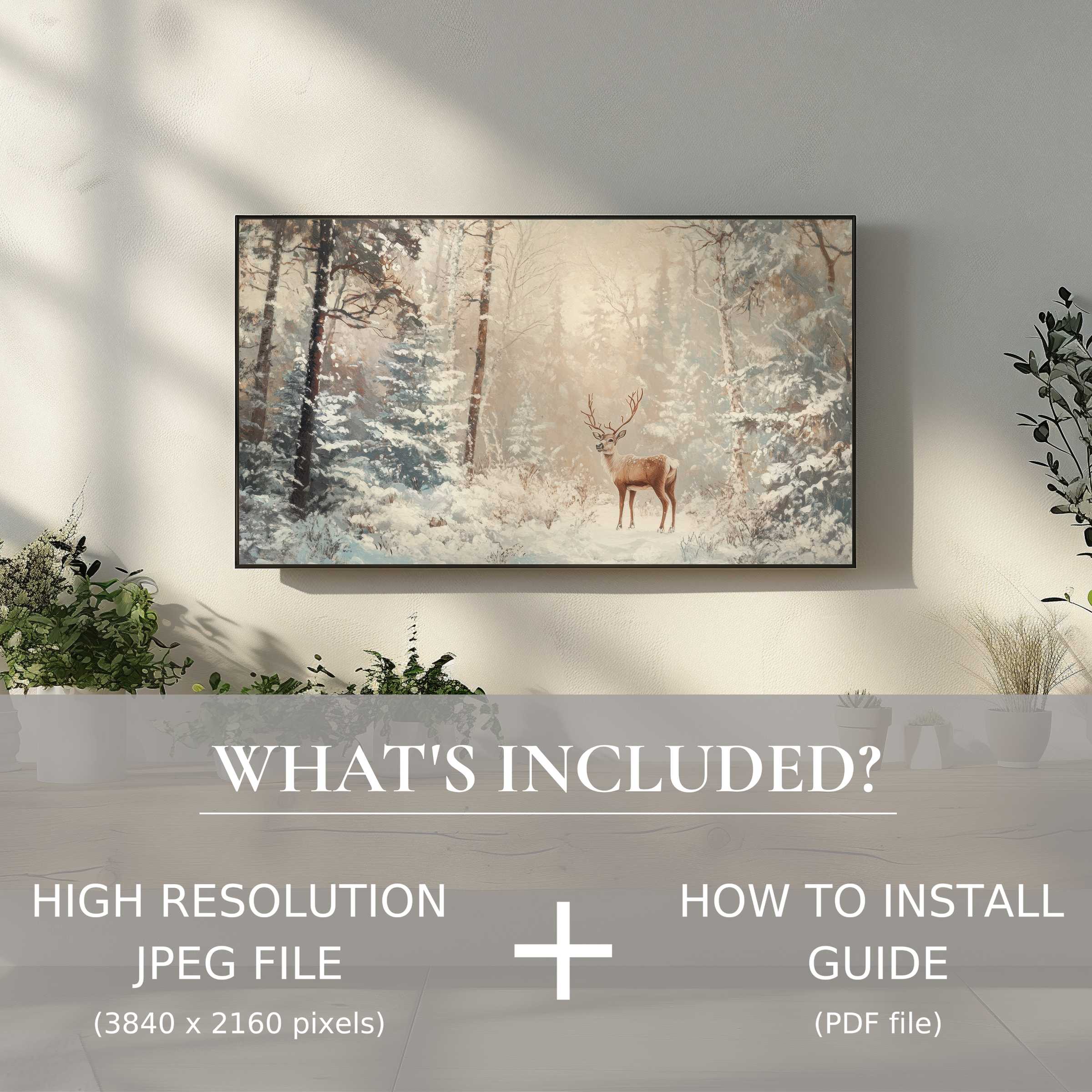 Elegant christmas digital TV art download featuring serene snowy deer scene, enhancing living spaces with easy digital use
