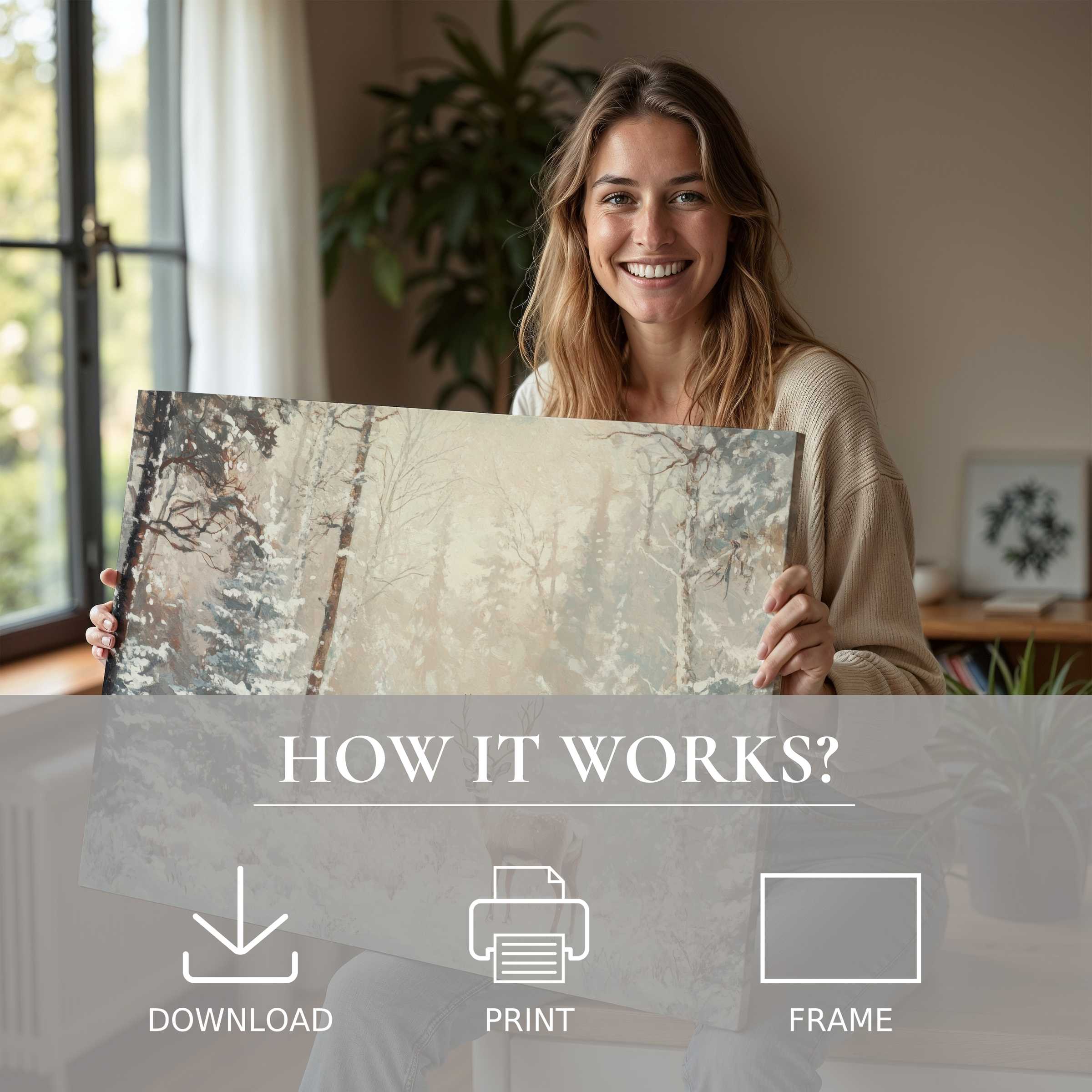 Woman in a serene modern home sharing a Christmas digital art print that brings warmth and joy to stylish living spaces