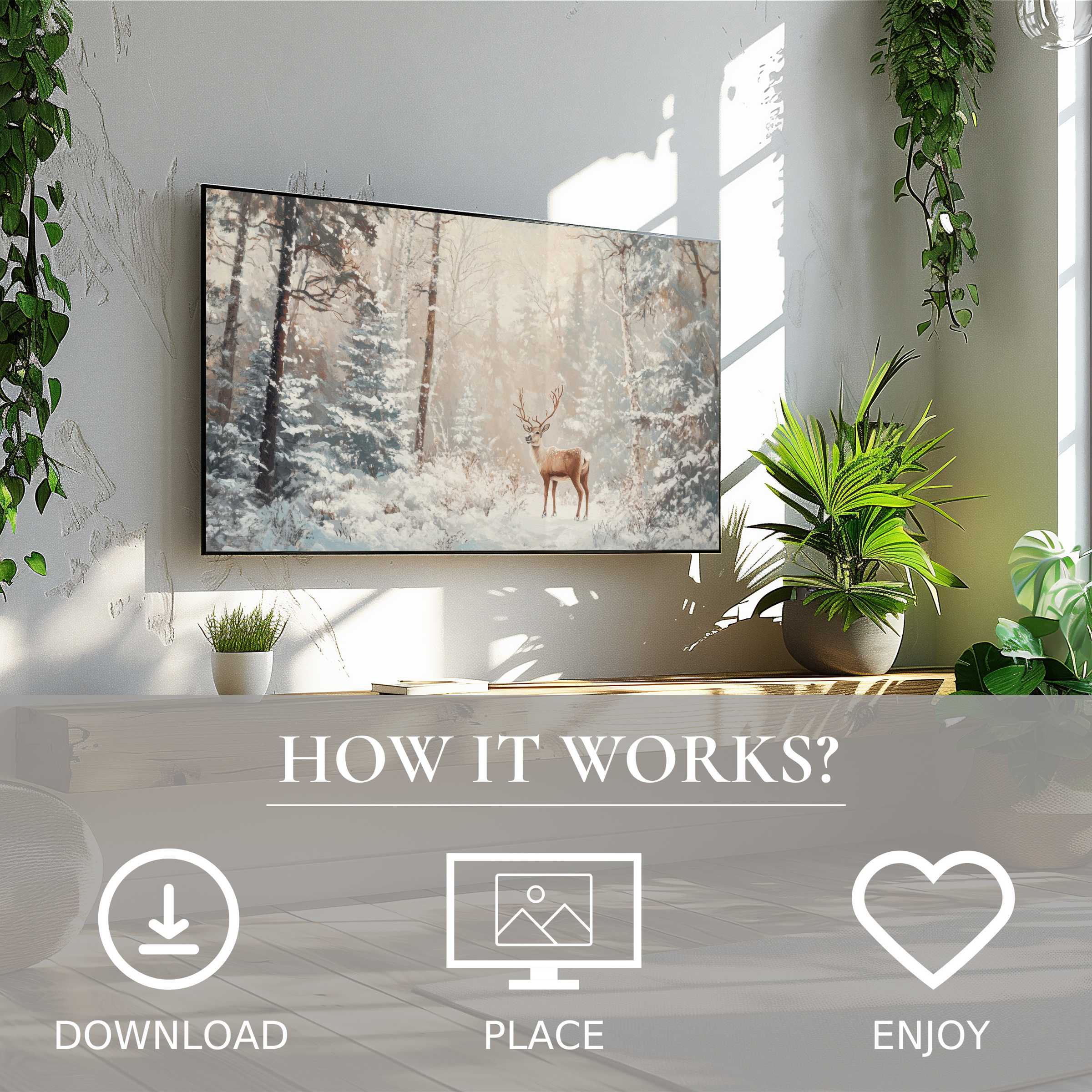 Modern living room with easy digital download Christmas art for Samsung TV showing soft winter forest tones
