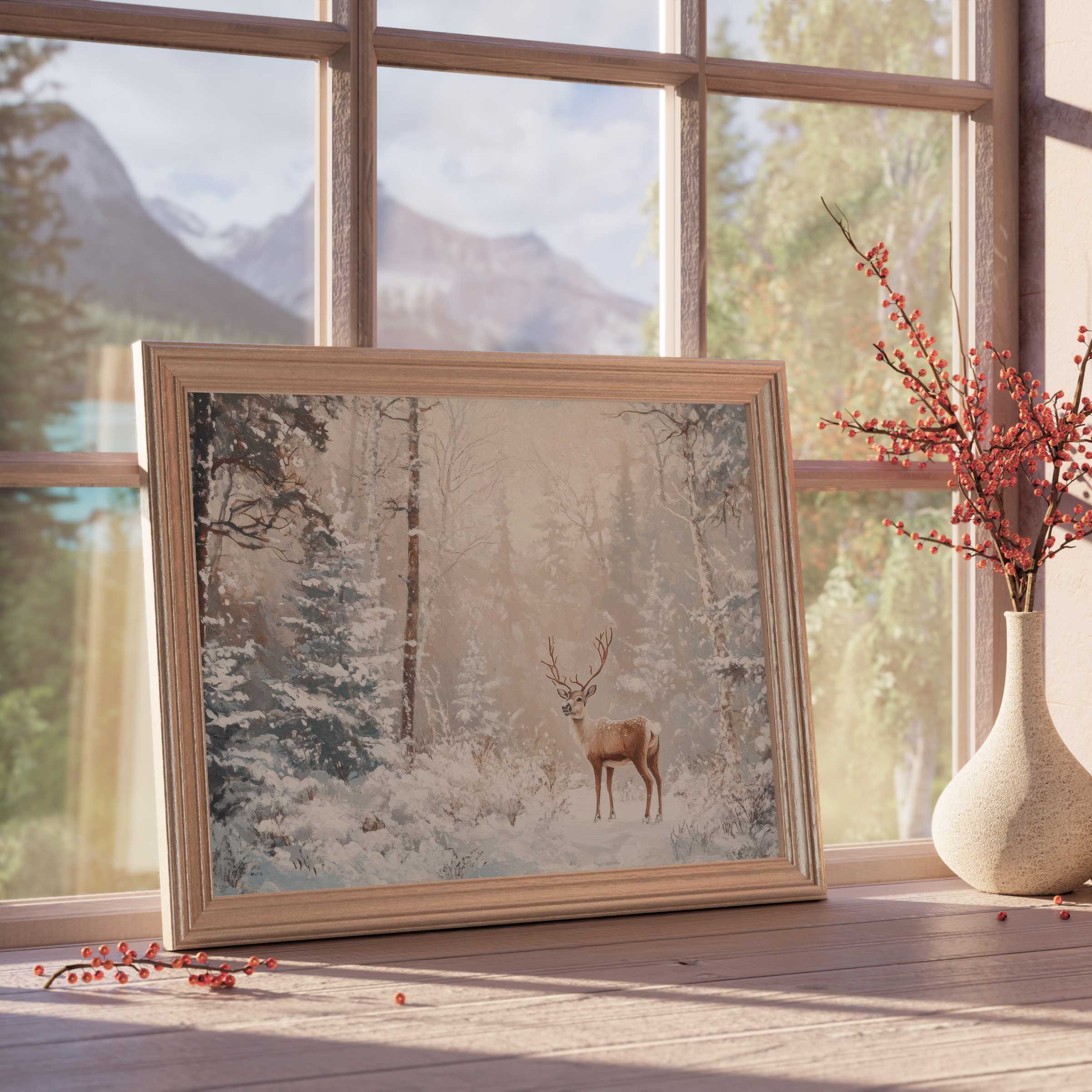 Christmas downloadable art capturing serene woodland elegance with a gentle deer in soft winter hues, perfect for curated, tranquil interiors