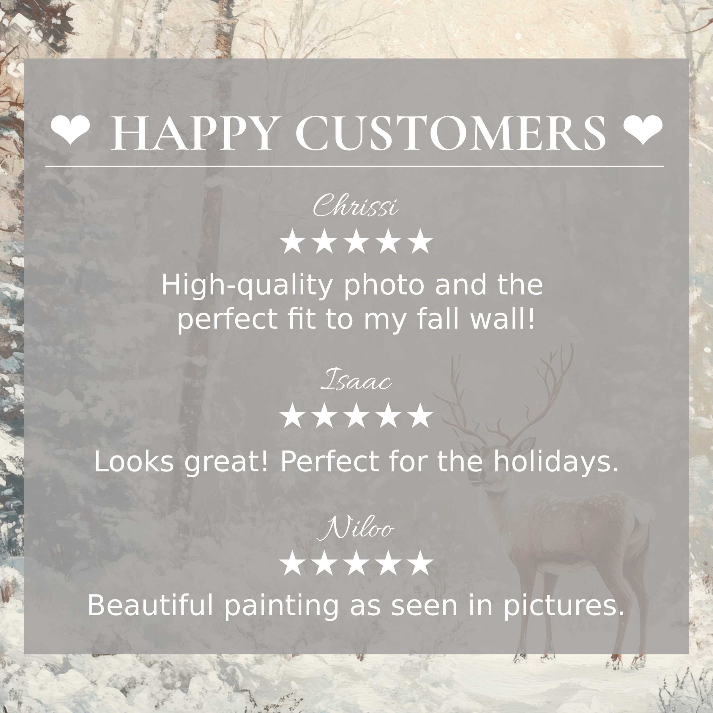 Refined christmas art for Frame TV with abstract winter forest and happy customer reviews showcasing trust and elegance