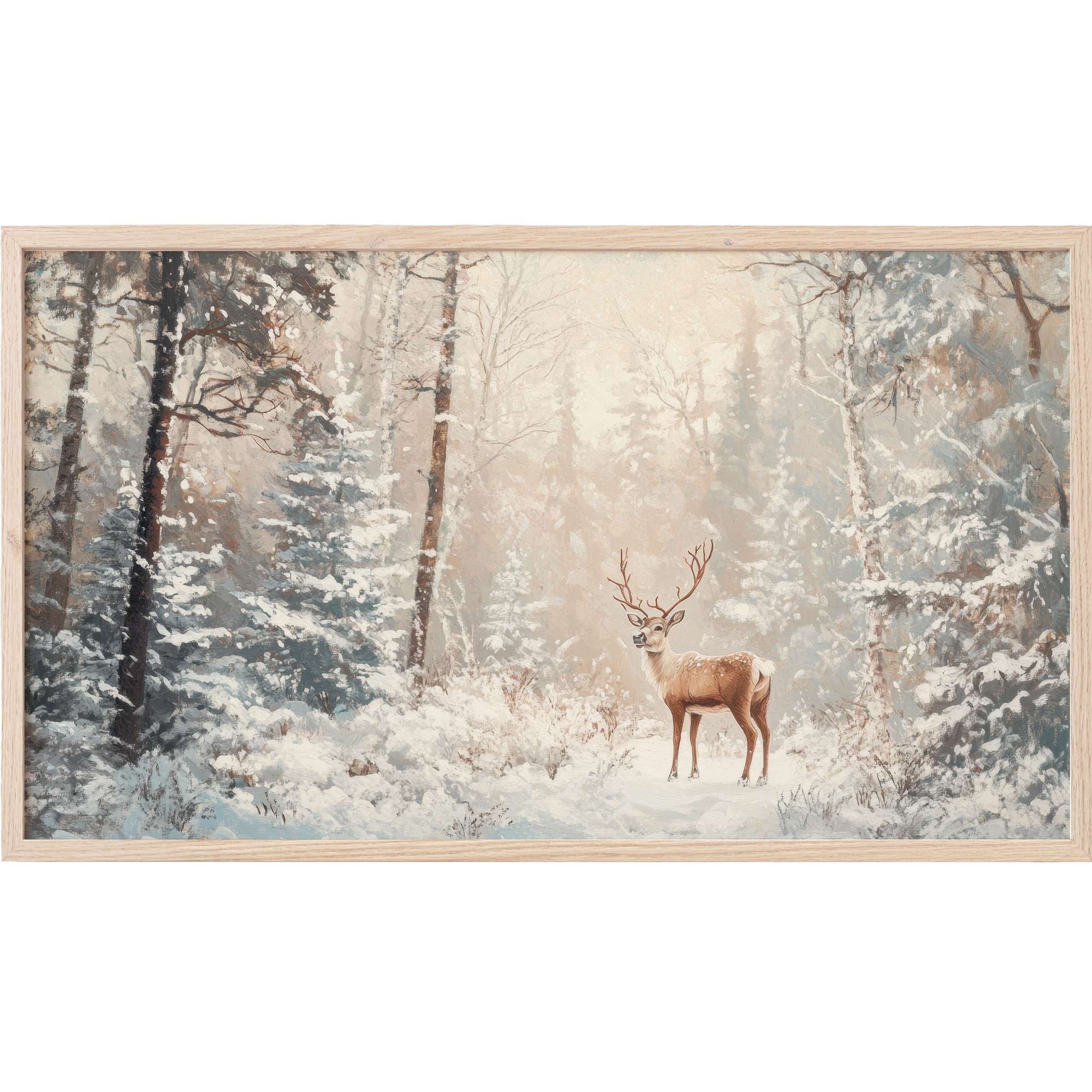 Serene winter forest scene with a lone deer in soft neutrals and blues, a refined christmas Frame TV Art