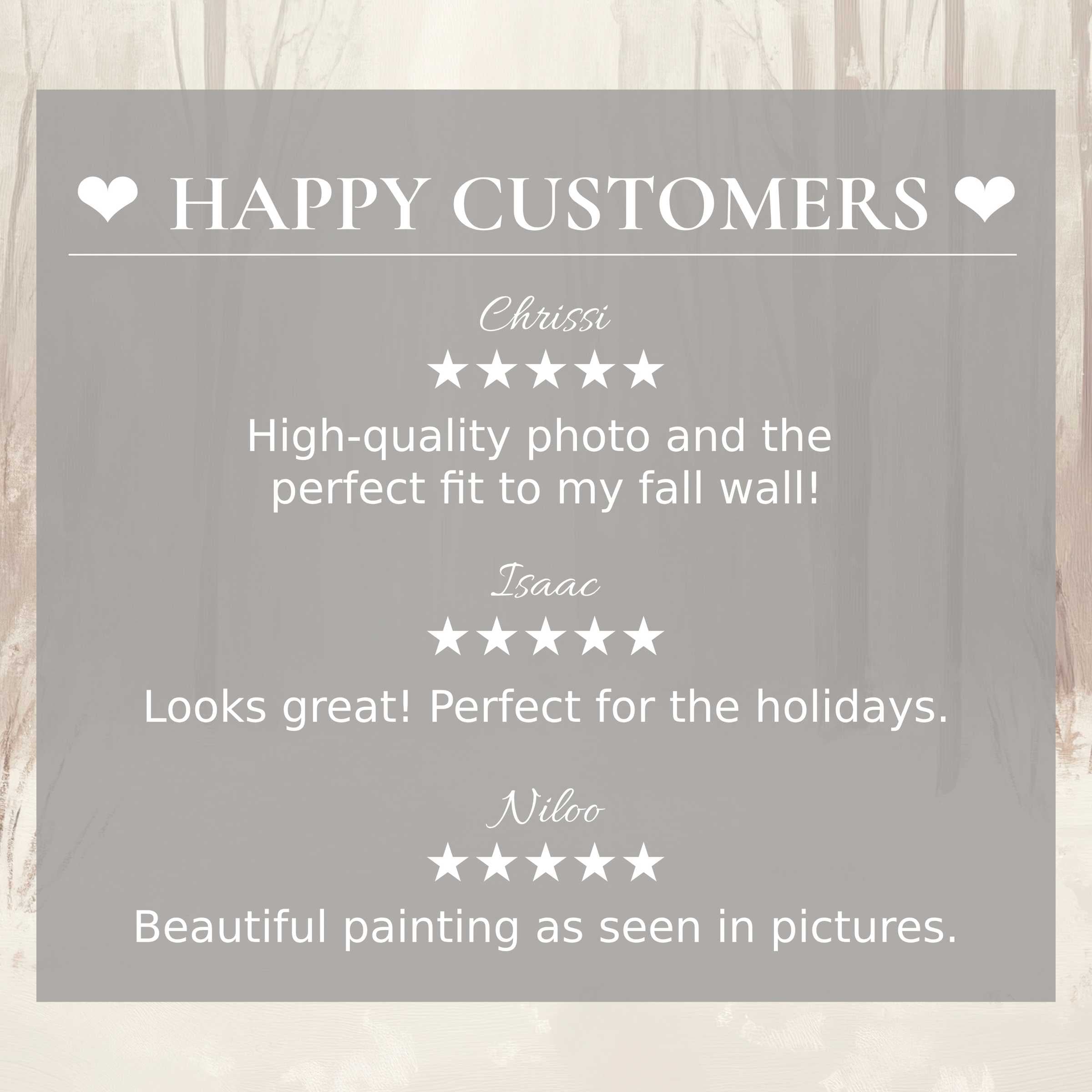 Winter art for Frame TV with serene wood grain background, happy customer reviews build trust and showcase elegance
