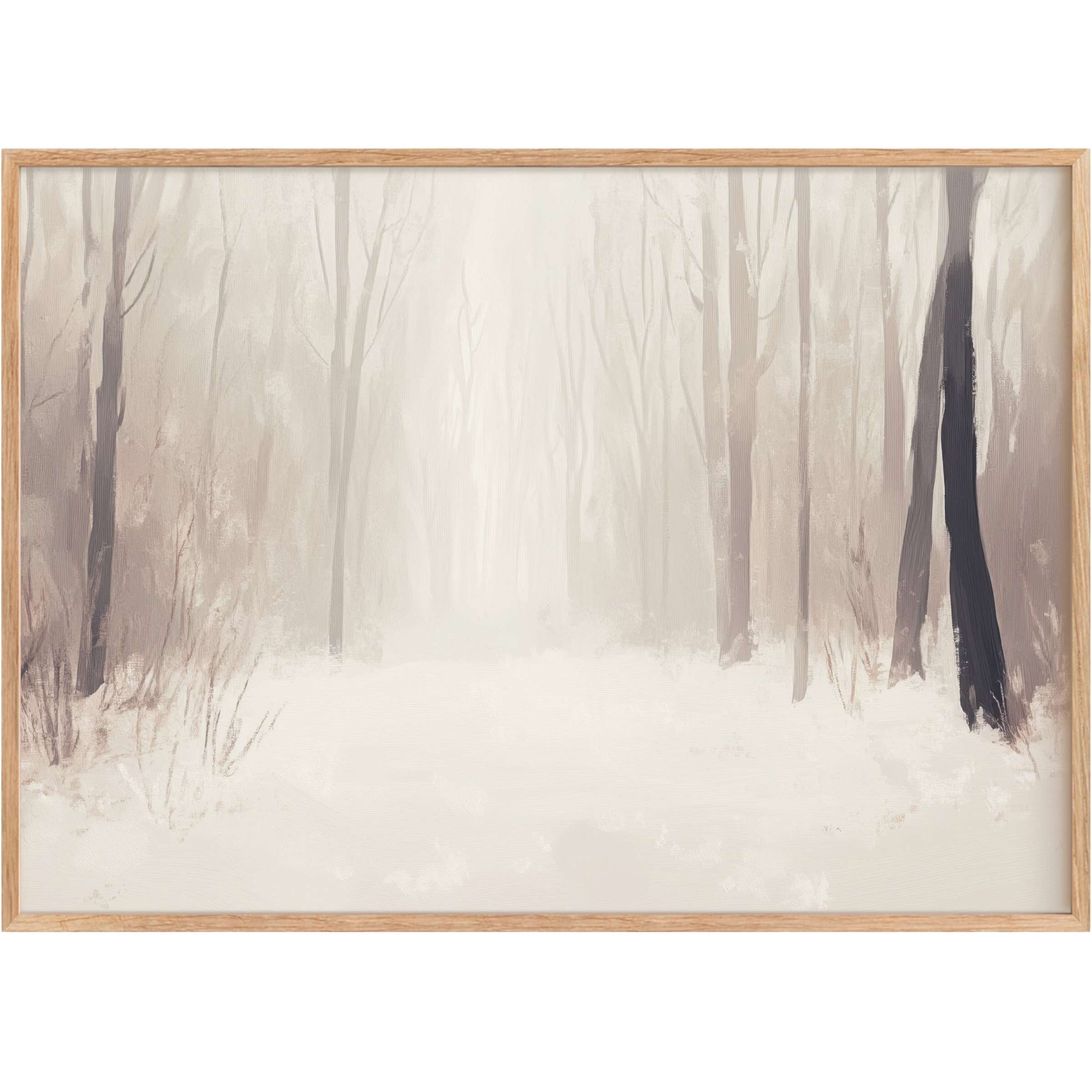 Serene winter printable wall art evokes a tranquil forest scene in soft grays and whites, adding calming elegance to refined spaces