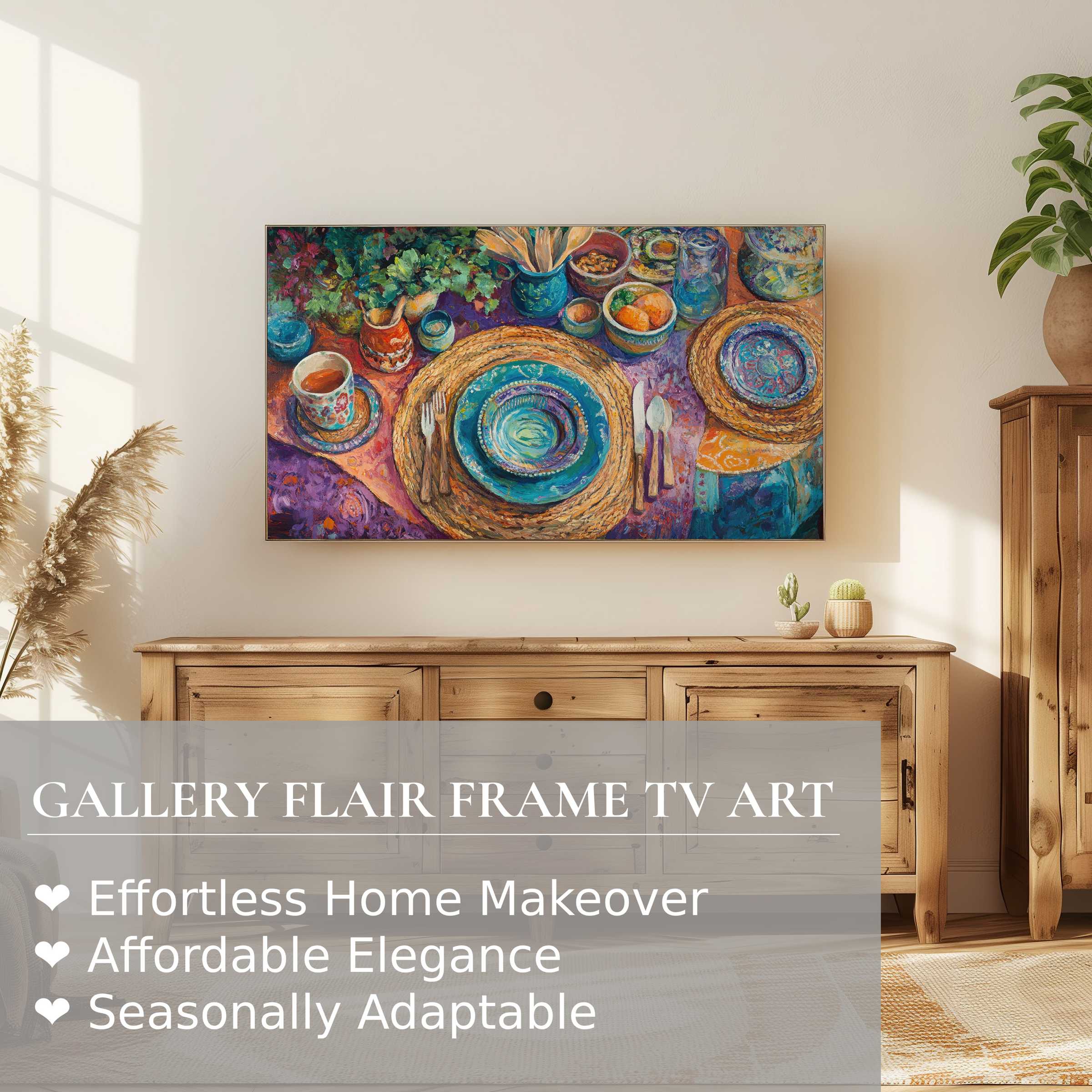 Samsung Frame TV displaying vibrant boho digital artwork in a sunlit, elegant living room setting with natural decor