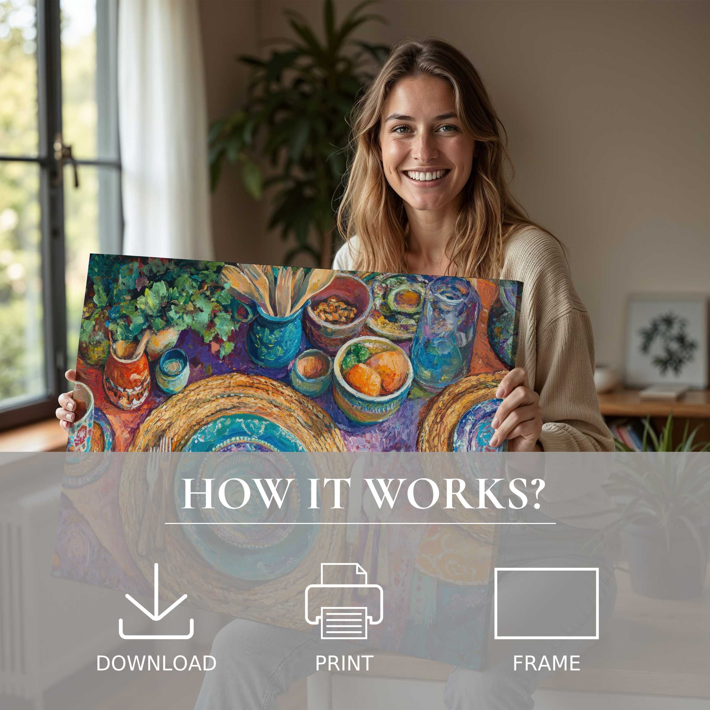 A serene moment of joy embracing a vibrant boho digital art print, evoking effortless elegance in modern home decor