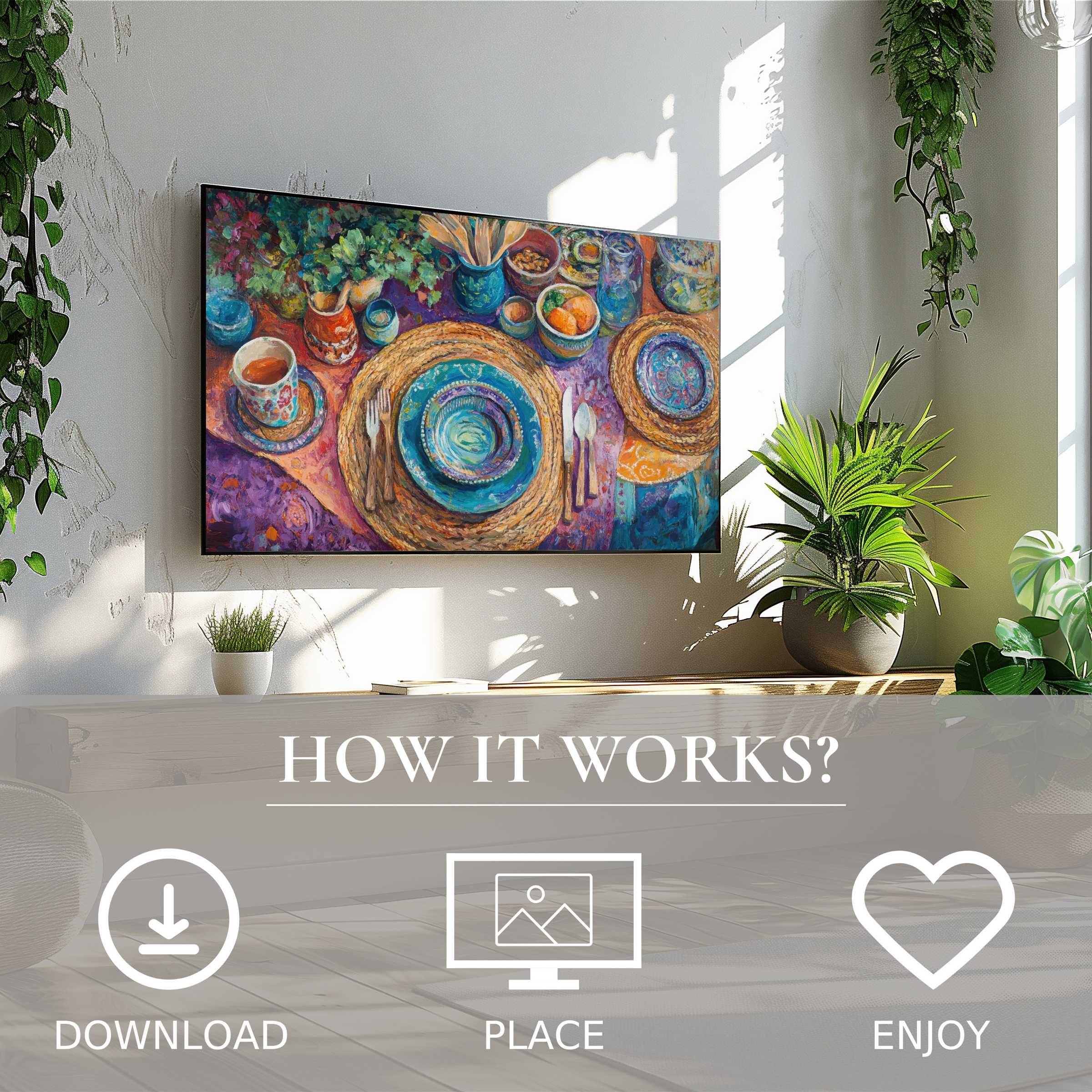 Boho art for Samsung TV: vibrant abstract table setting in rich tones, easy digital download enhances modern living spaces