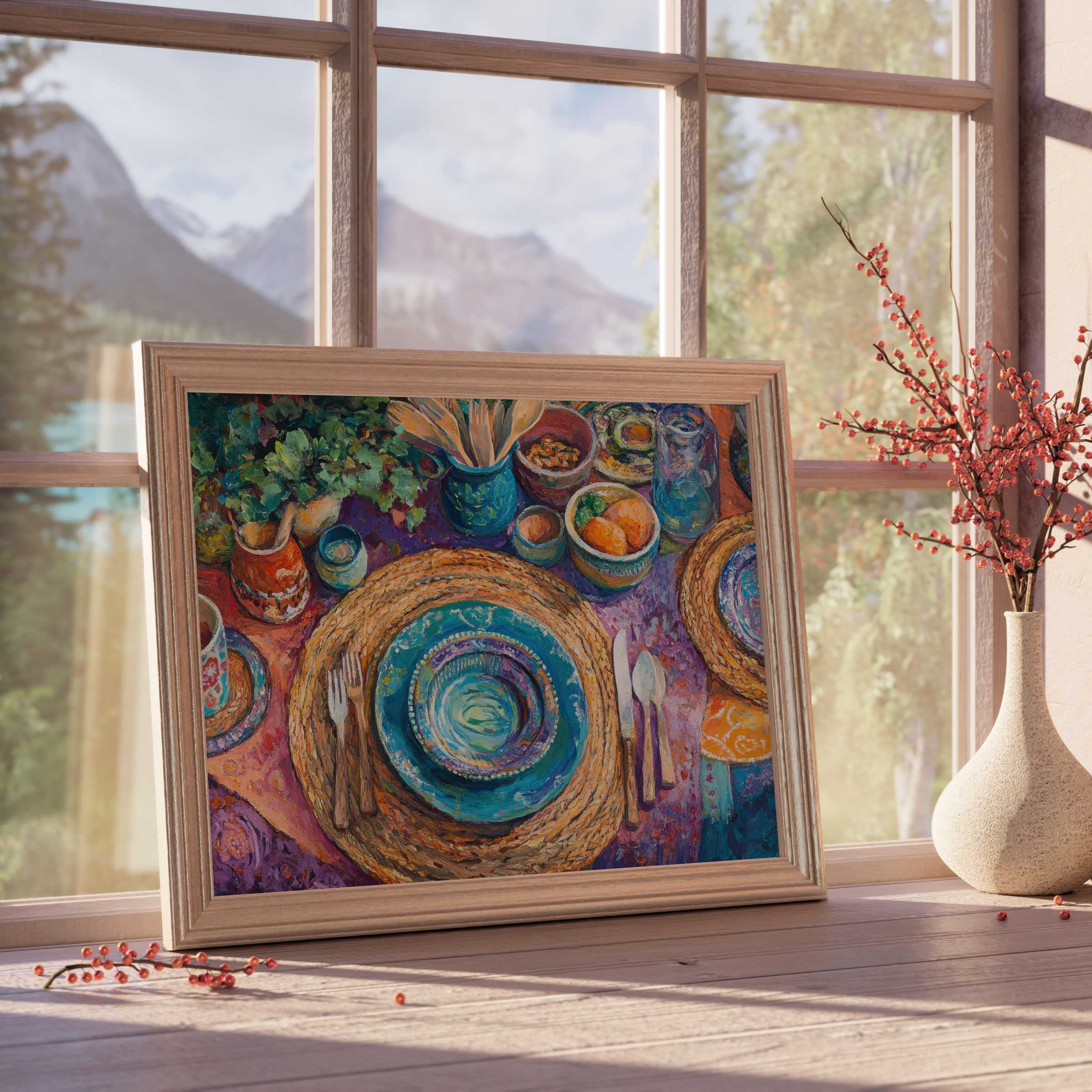 Boho downloadable art capturing vibrant table setting in rich hues, enhancing warm, tranquil modern interiors with artisanal charm