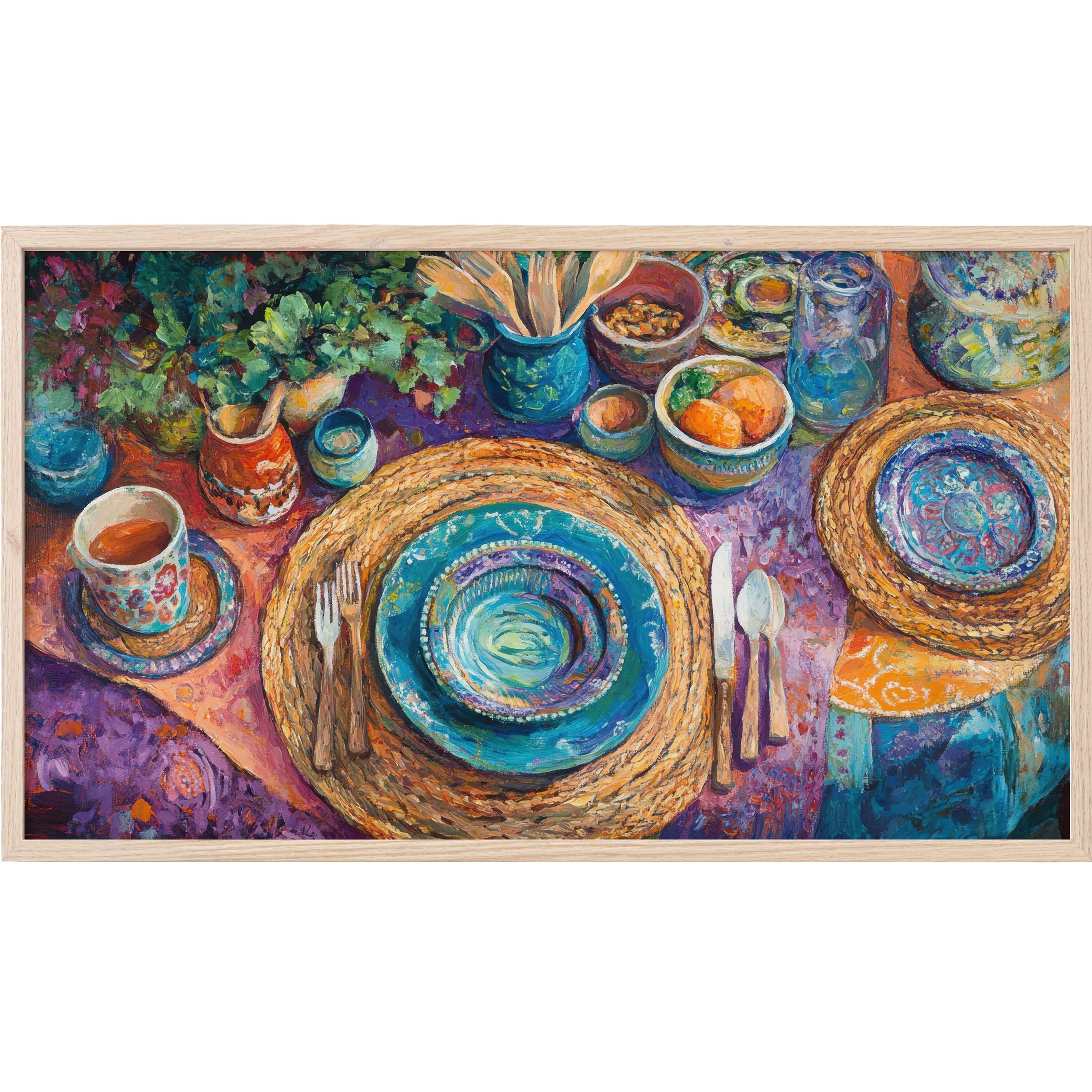 Boho Frame TV Art: vibrant still life with textured blue ceramics, warm straw mats, and rich purple-orange hues in painterly style