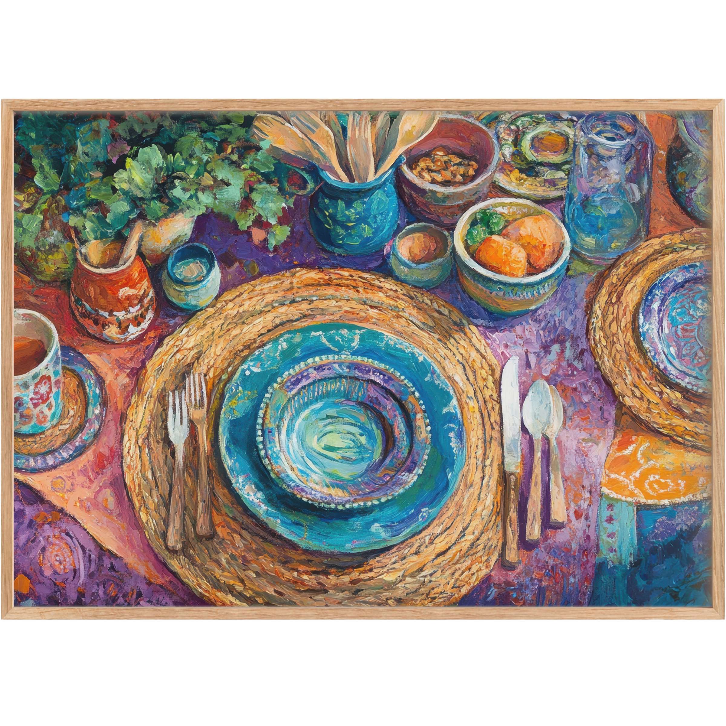 Boho printable wall art radiates warmth with rich turquoise, earthy browns, and vibrant oranges, evoking a cozy, inviting dining ambiance