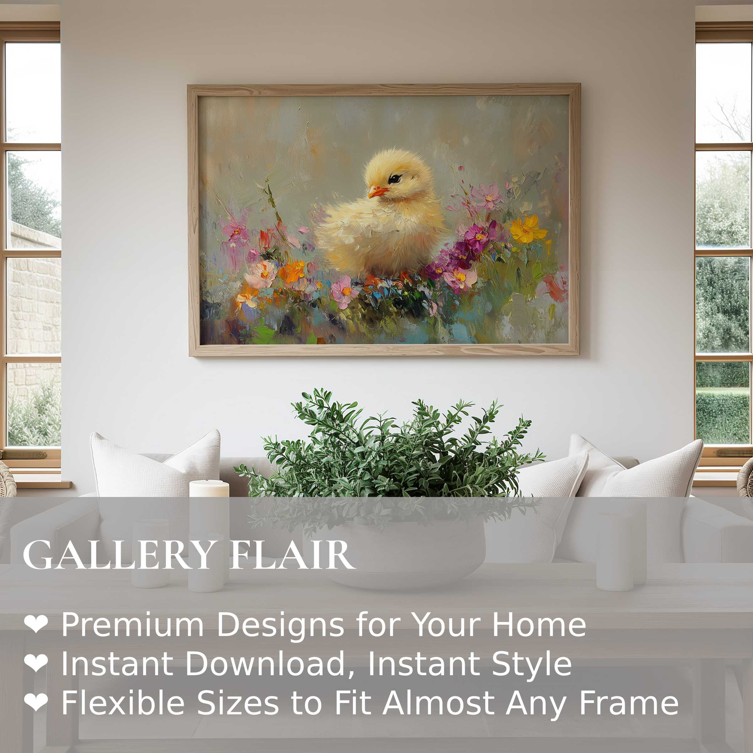 Easter wall art print featuring a radiant chick amid vibrant spring florals, elevating serene, modern farmhouse interiors
