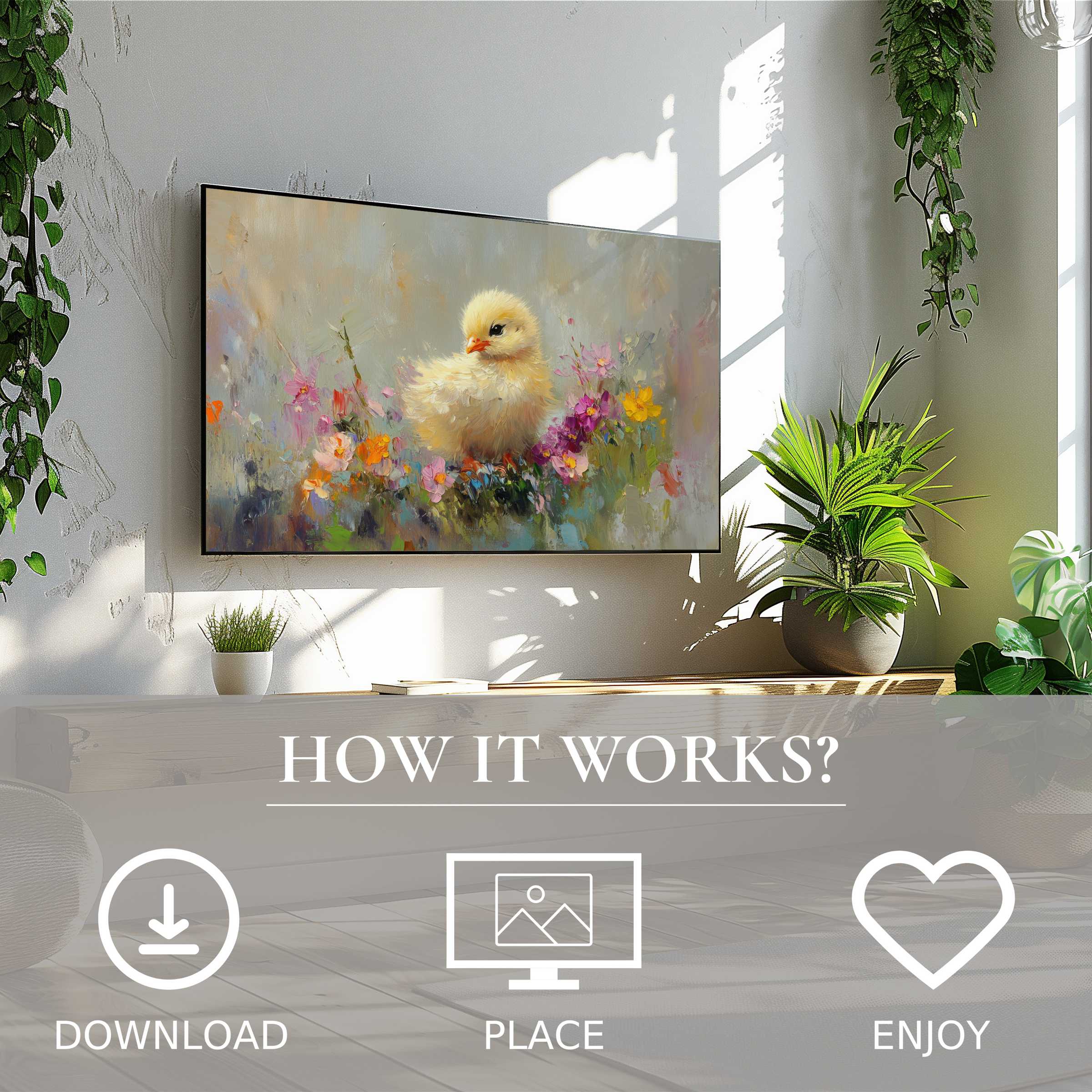Easter art for Samsung TV showing a chick with soft colorful flowers, easy digital download enhances modern decor