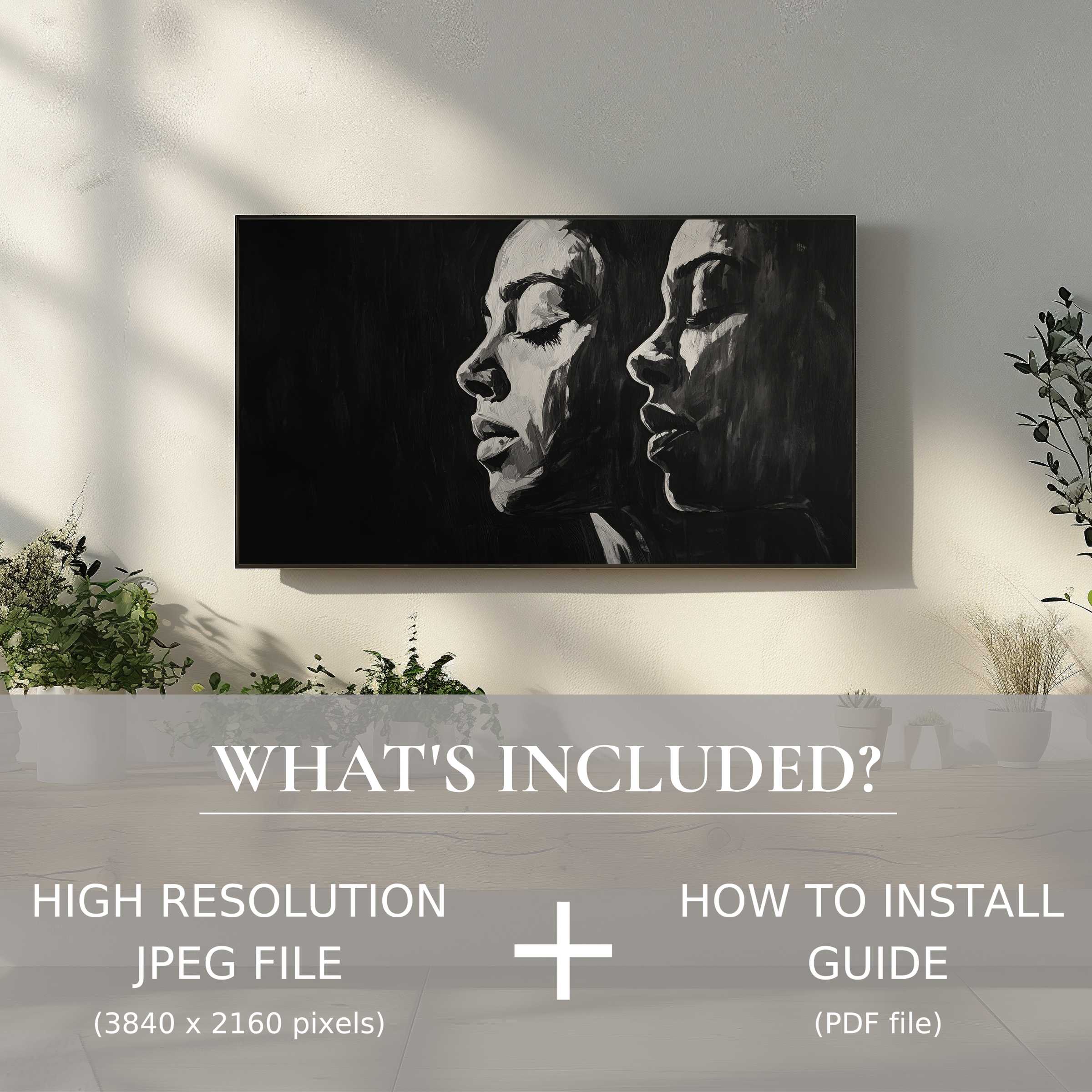Elegant black and white digital TV art download, effortlessly modern, enhancing your stylish living space with ease