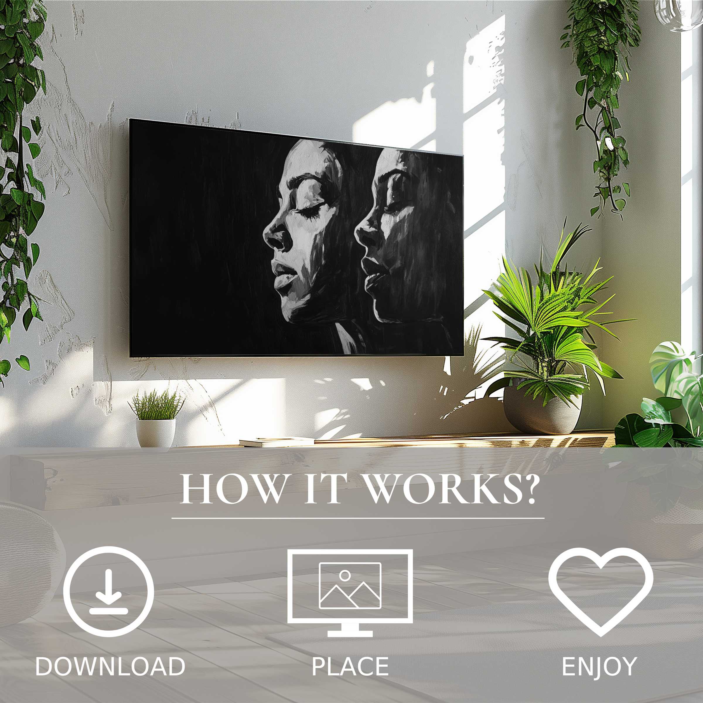 Black and white art for Samsung TV shows serene dual faces, easy digital download enriching modern living spaces