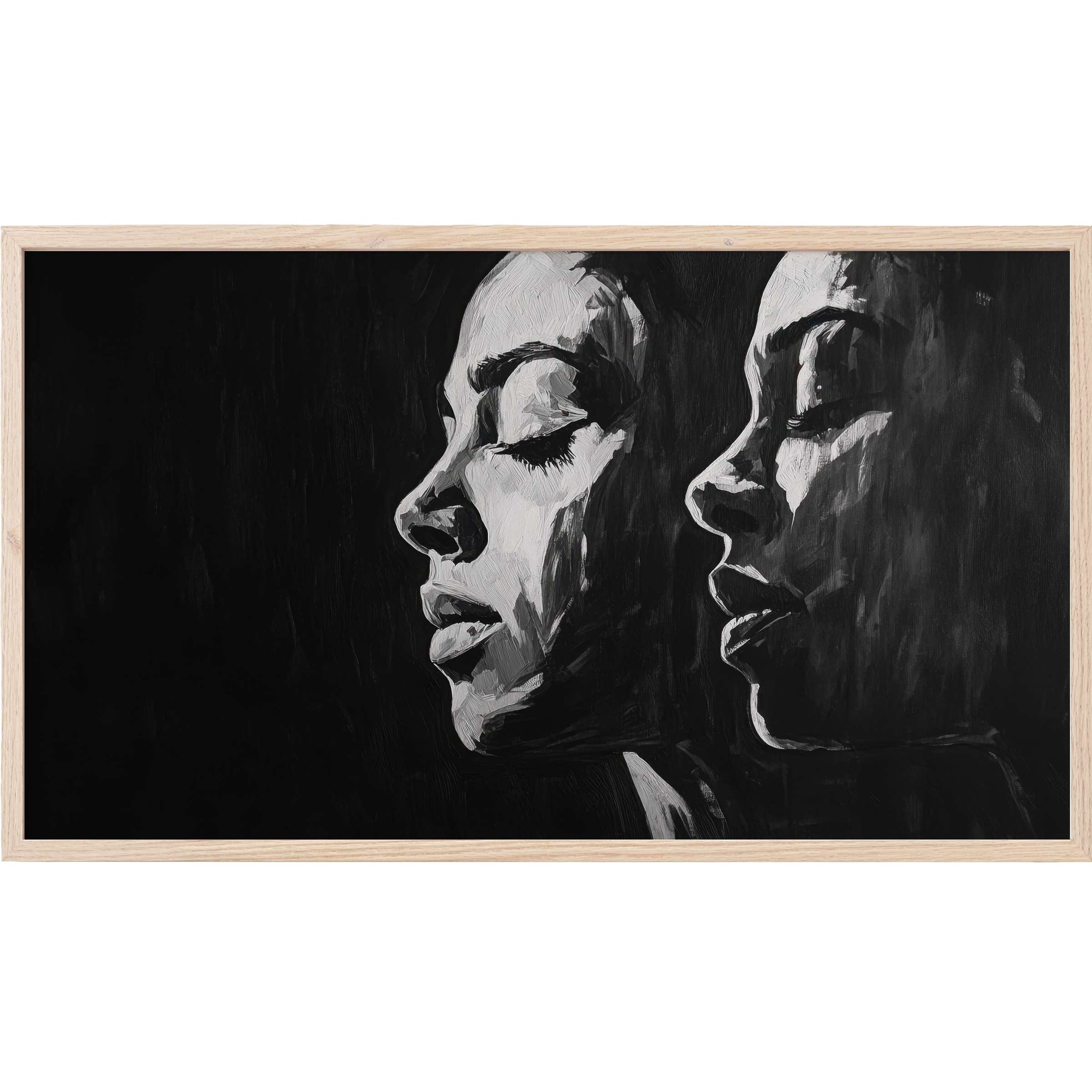 Elegant black and white Frame TV Art of two serene female profiles with textured brushstrokes and modern contrast